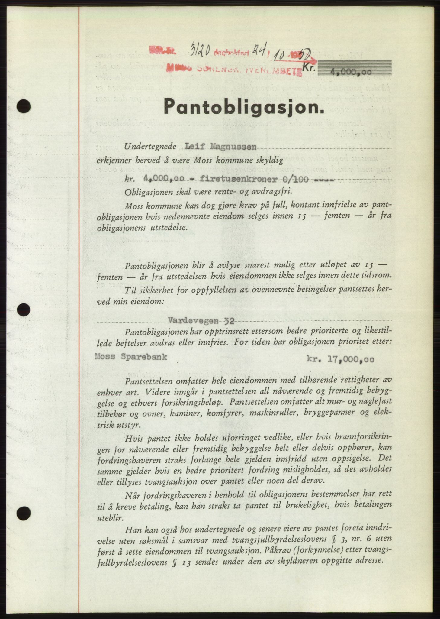 Moss sorenskriveri, SAO/A-10168: Pantebok nr. B25, 1950-1950, Dagboknr: 3120/1950