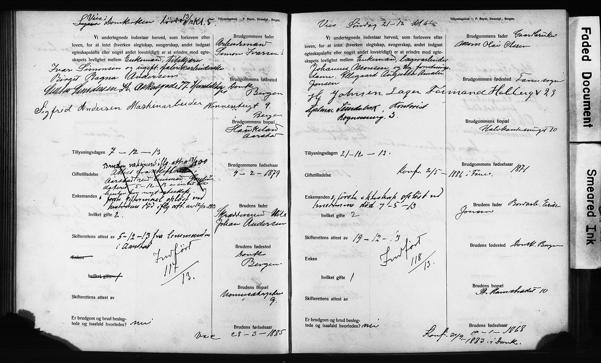 Domkirken sokneprestembete, SAB/A-74801: Forlovererklæringer nr. II.5.12, 1910-1917, s. 191