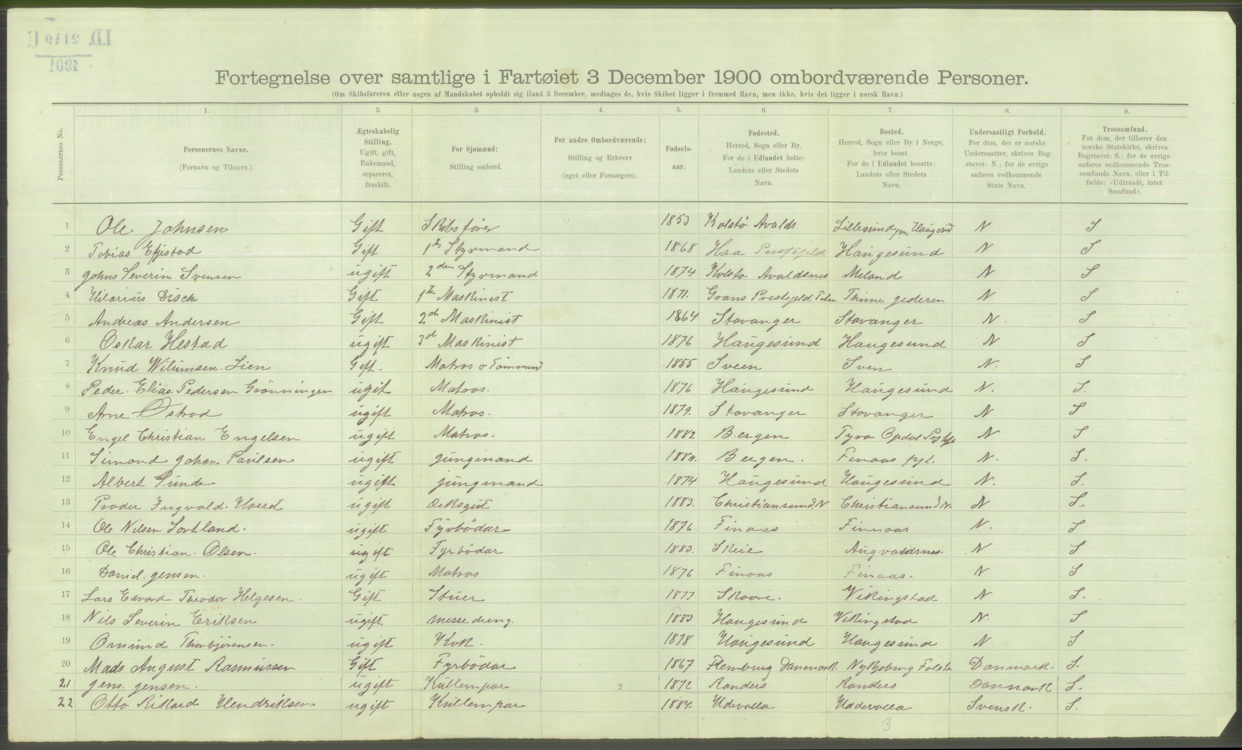 RA, Folketelling 1900 - skipslister med personlister for skip i norske havner, utenlandske havner og til havs, 1900, s. 3596