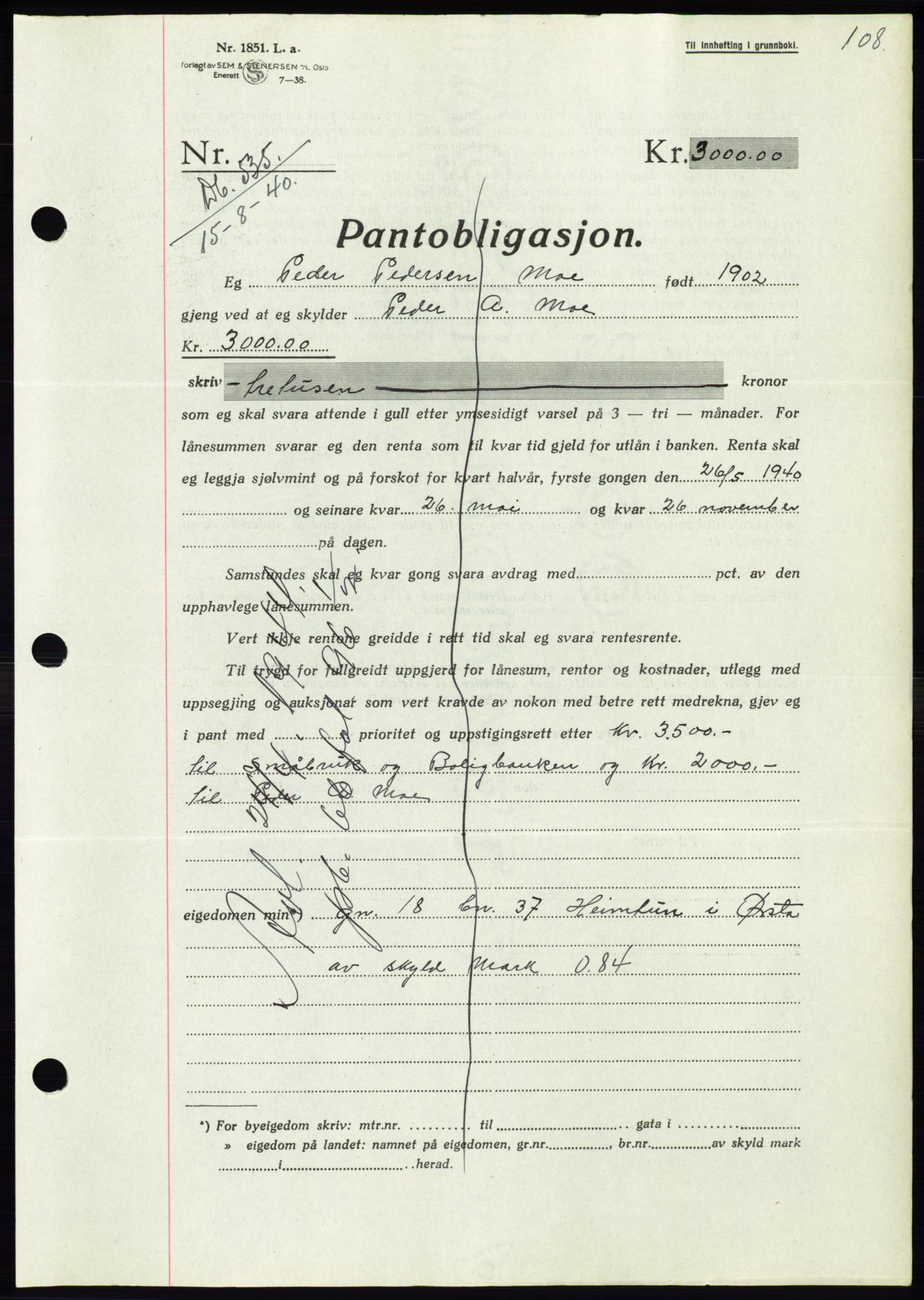 Søre Sunnmøre sorenskriveri, AV/SAT-A-4122/1/2/2C/L0070: Pantebok nr. 64, 1940-1941, Dagboknr: 535/1940