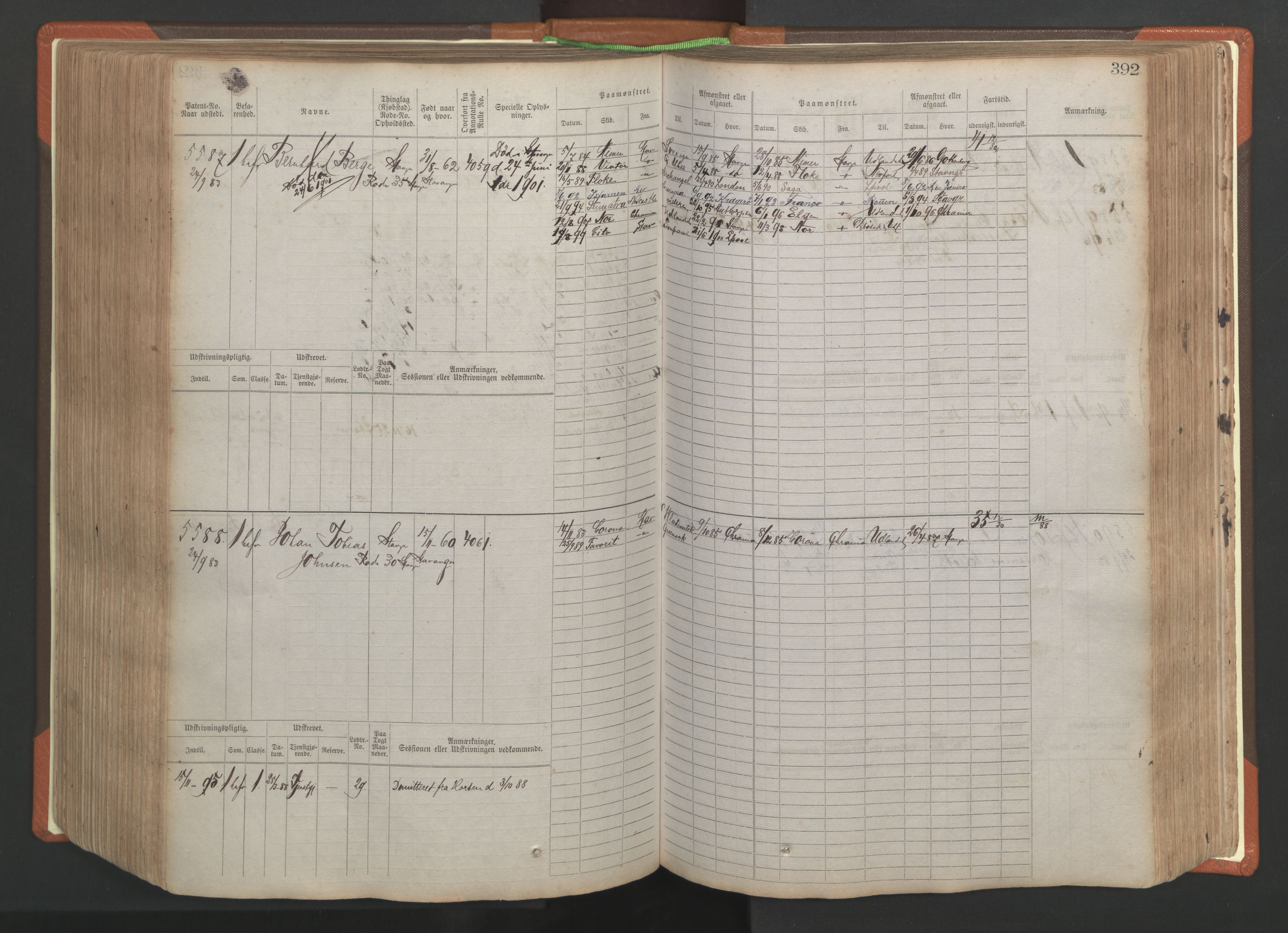 Stavanger sjømannskontor, AV/SAST-A-102006/F/Fb/Fbb/L0009: Sjøfartshovedrulle, patentnr. 4805-6006, 1879-1887, s. 398