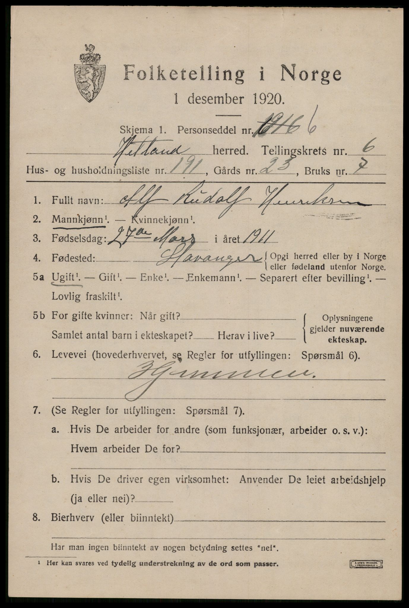 SAST, Folketelling 1920 for 1126 Hetland herred, 1920, s. 13291