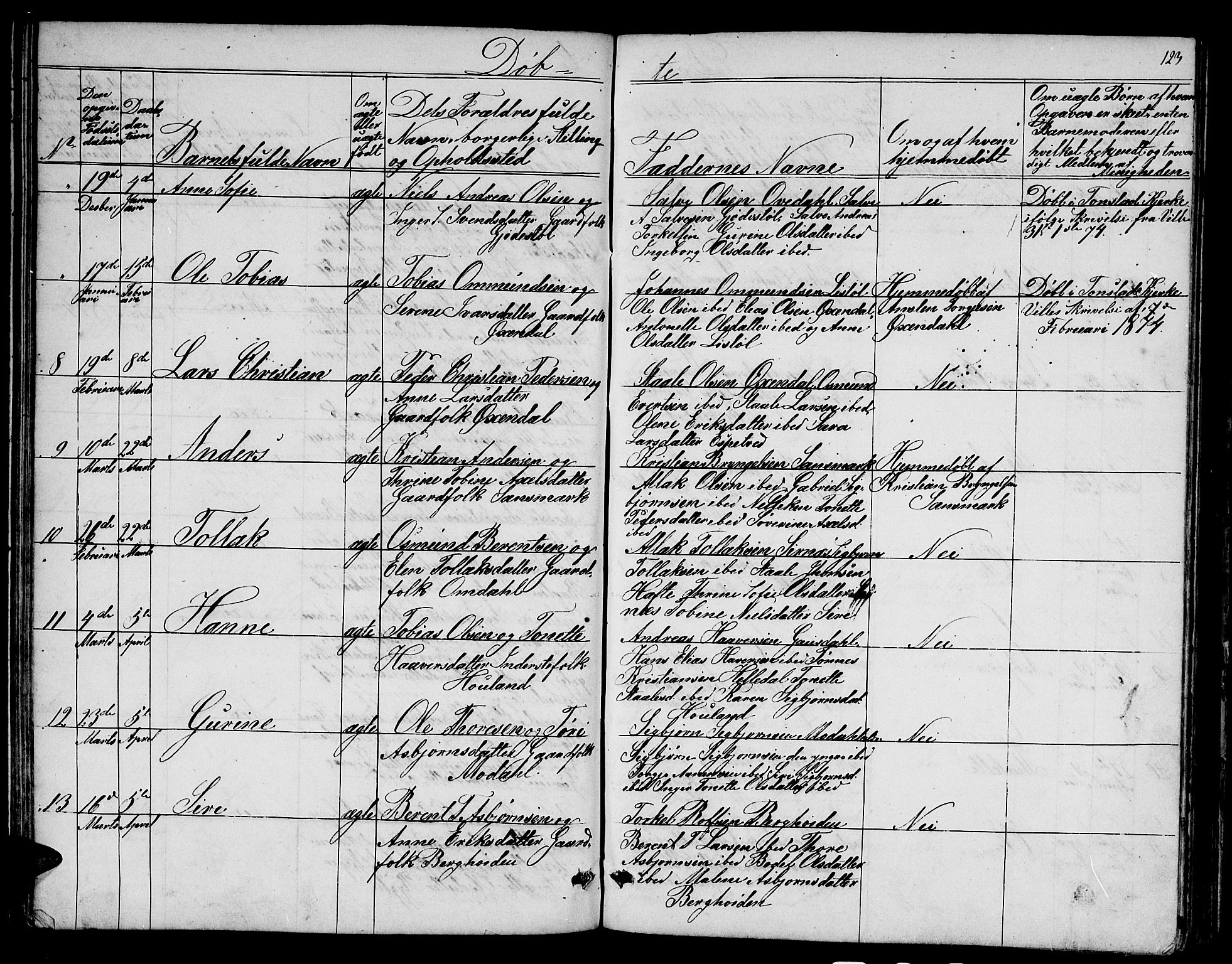 Bakke sokneprestkontor, AV/SAK-1111-0002/F/Fb/Fba/L0001: Klokkerbok nr. B 1, 1849-1879, s. 123