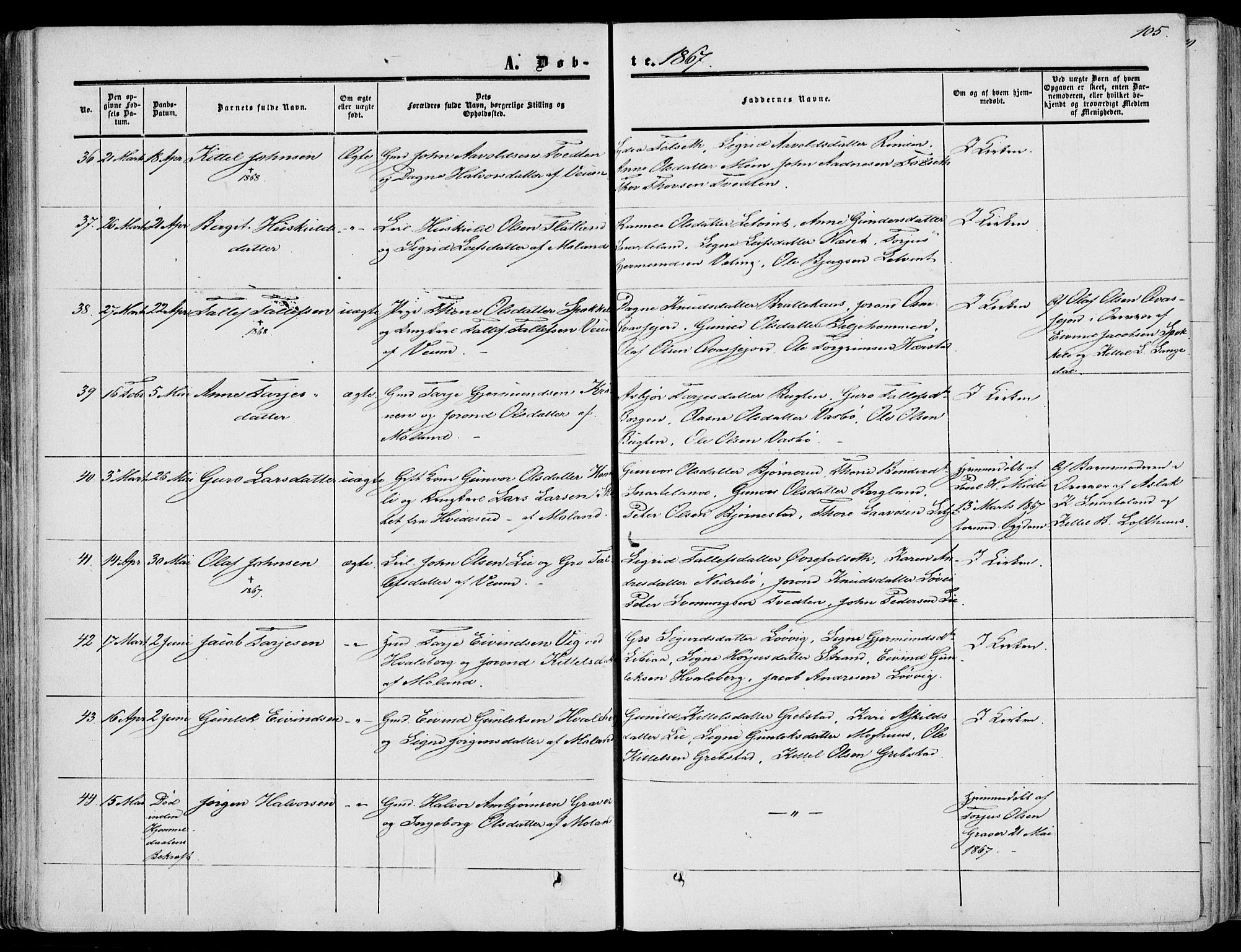 Fyresdal kirkebøker, AV/SAKO-A-263/F/Fa/L0005: Ministerialbok nr. I 5, 1855-1871, s. 105