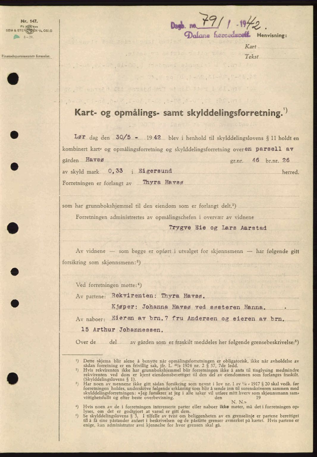 Dalane sorenskriveri, SAST/A-100309/02/G/Gb/L0046: Pantebok nr. A7, 1942-1943, Dagboknr: 791/1942