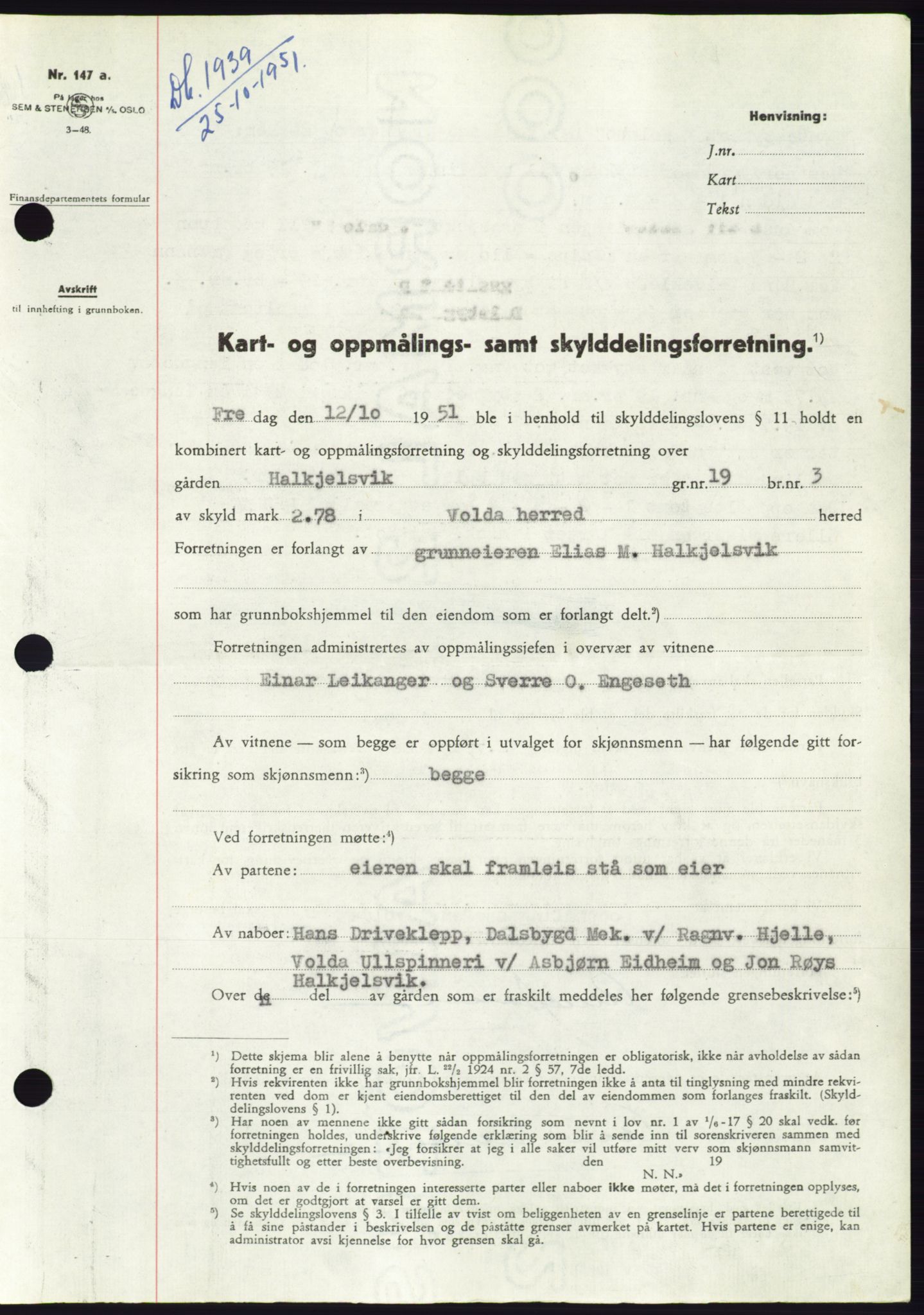 Søre Sunnmøre sorenskriveri, AV/SAT-A-4122/1/2/2C/L0090: Pantebok nr. 16A, 1951-1951, Dagboknr: 1939/1951
