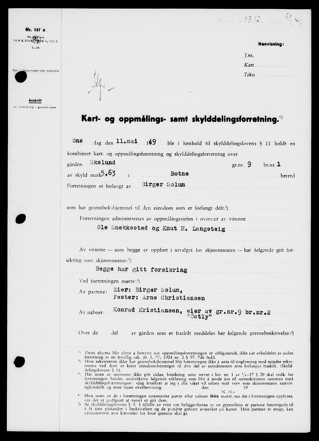 Holmestrand sorenskriveri, SAKO/A-67/G/Ga/Gaa/L0066: Pantebok nr. A-66, 1949-1949, Dagboknr: 1312/1949