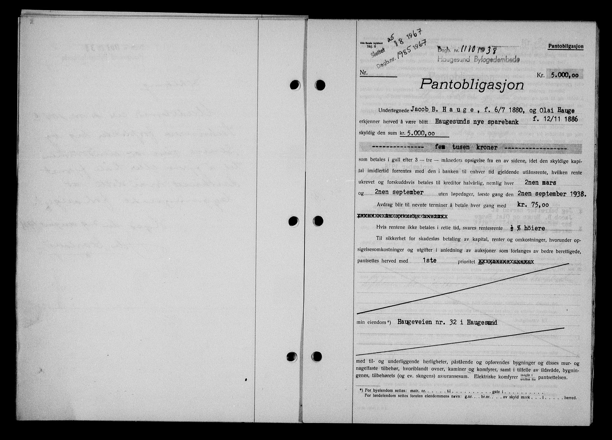 Haugesund tingrett, SAST/A-101415/01/II/IIC/L0032: Pantebok nr. 32, 1938-1939, Dagboknr: 1110/1938