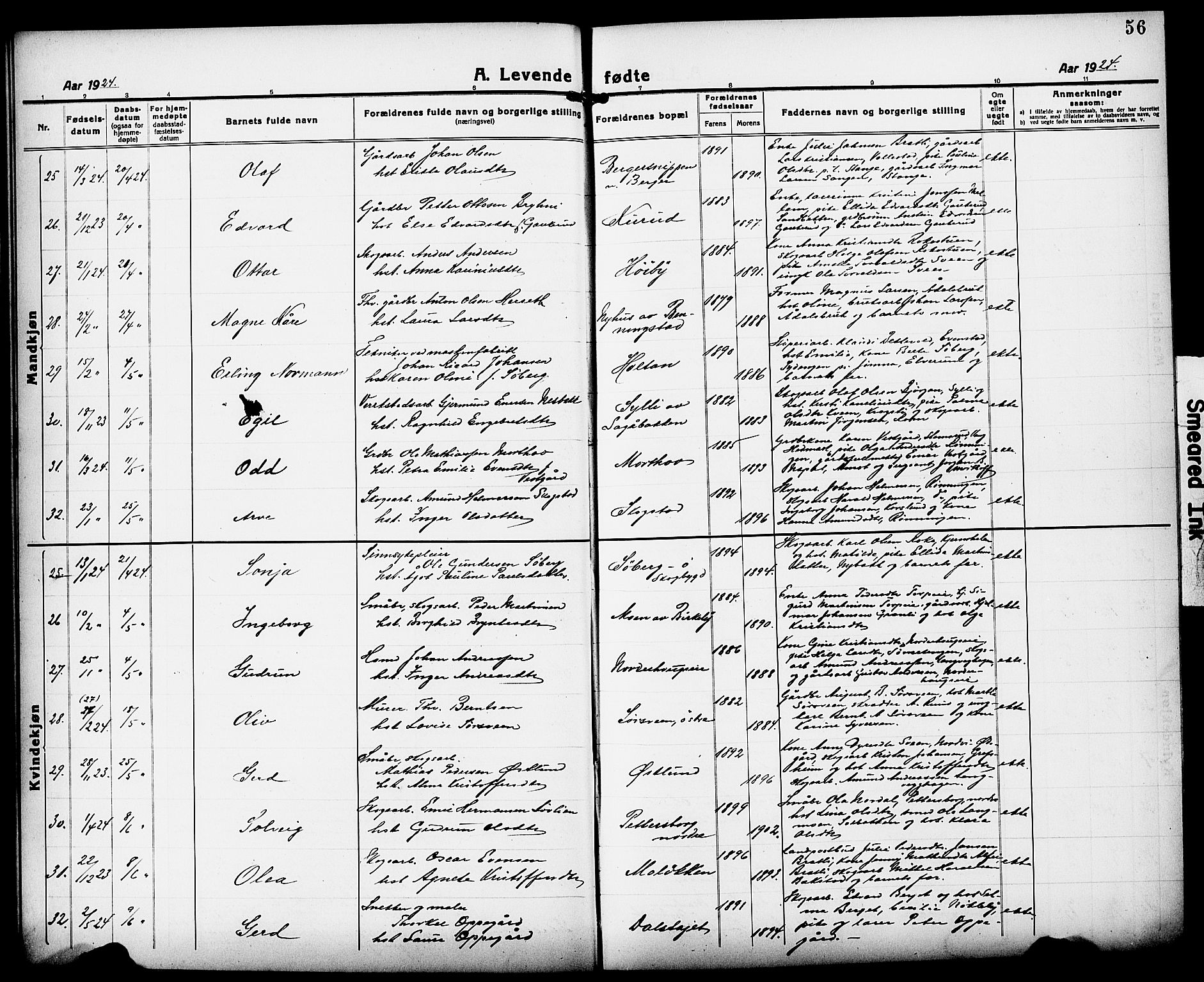 Løten prestekontor, AV/SAH-PREST-022/L/La/L0008: Klokkerbok nr. 8, 1920-1929, s. 56