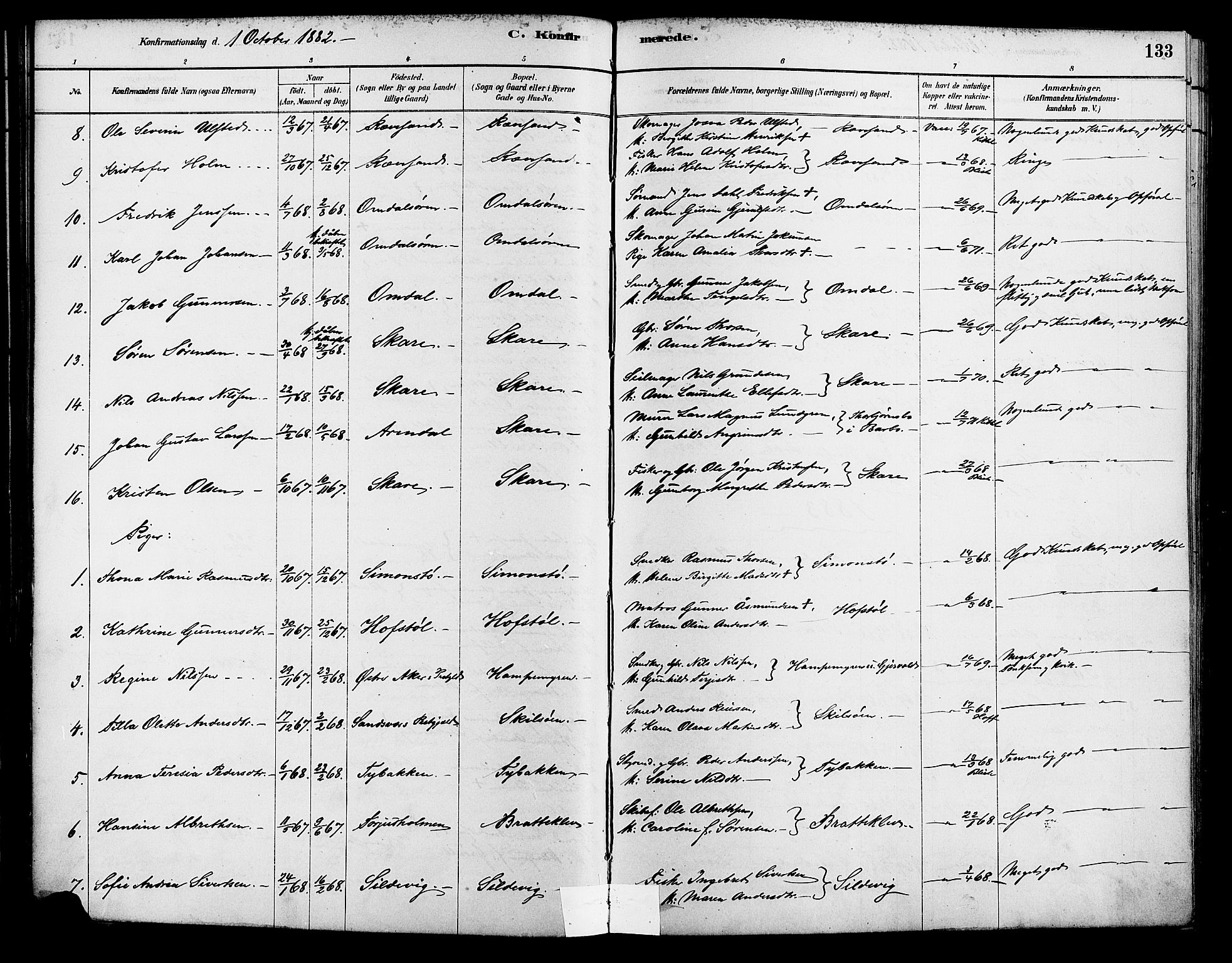 Tromøy sokneprestkontor, AV/SAK-1111-0041/F/Fa/L0009: Ministerialbok nr. A 9, 1878-1896, s. 133