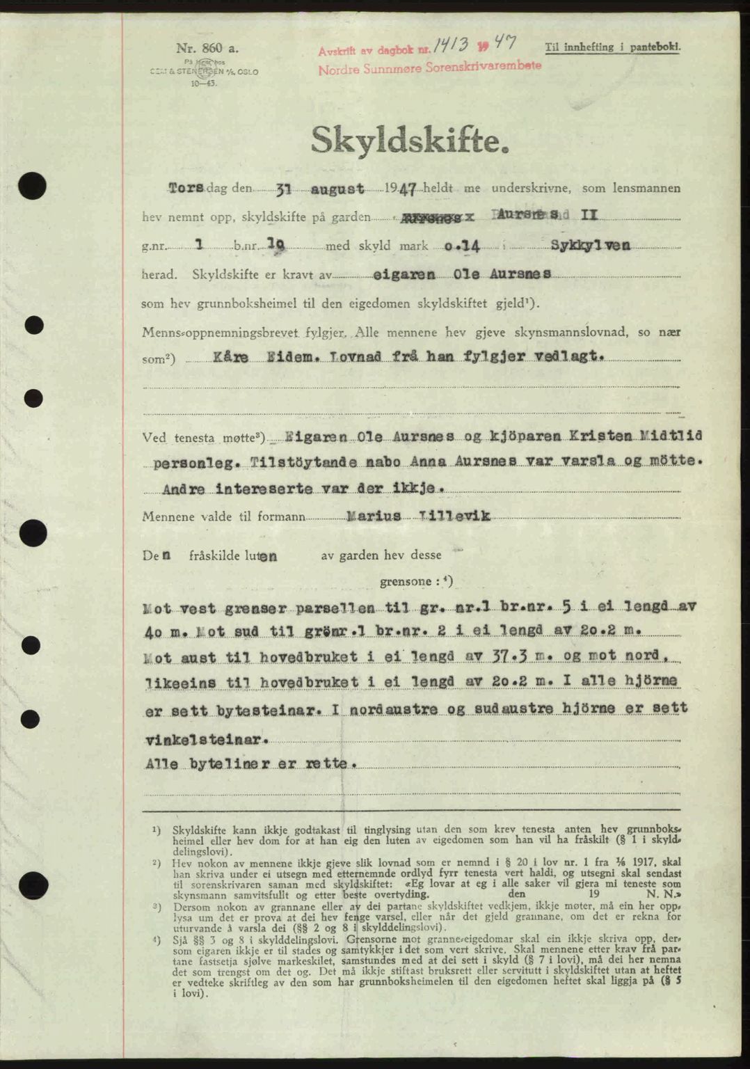 Nordre Sunnmøre sorenskriveri, AV/SAT-A-0006/1/2/2C/2Ca: Pantebok nr. A25, 1947-1947, Dagboknr: 1413/1947
