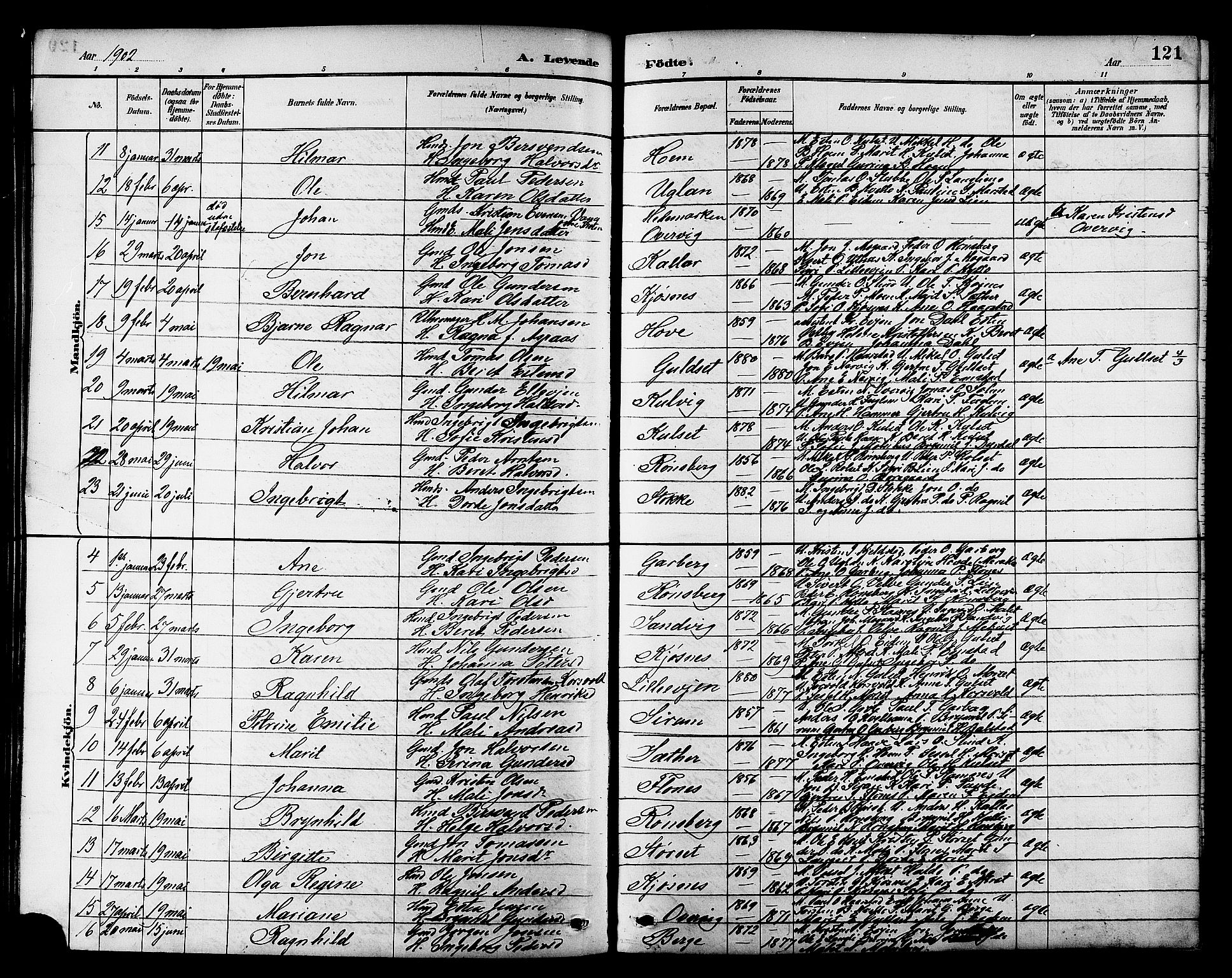 Ministerialprotokoller, klokkerbøker og fødselsregistre - Sør-Trøndelag, AV/SAT-A-1456/695/L1157: Klokkerbok nr. 695C08, 1889-1913, s. 121