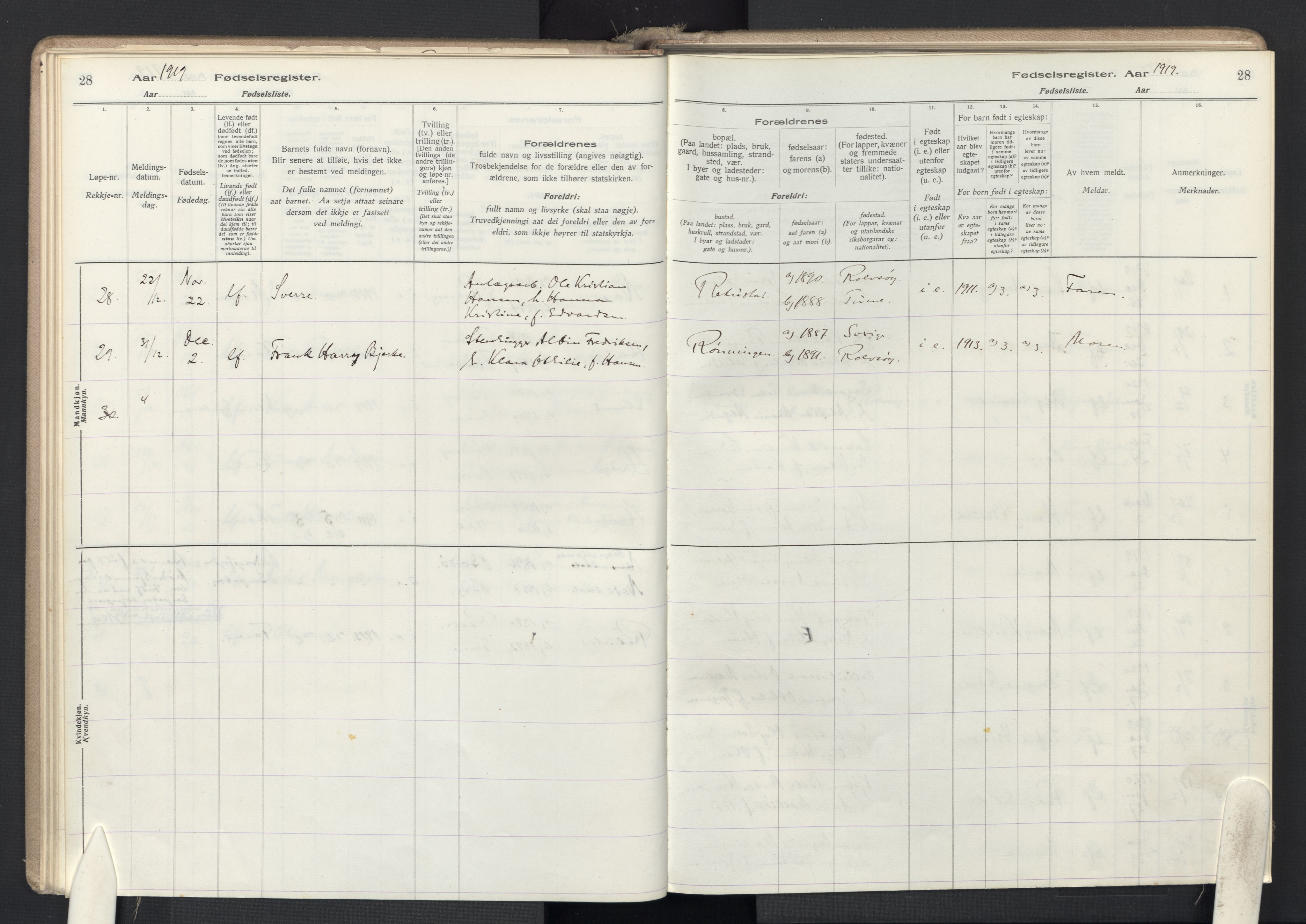 Rolvsøy prestekontor Kirkebøker, SAO/A-2004/J/Ja/L0001: Fødselsregister nr. 1, 1916-1946, s. 28