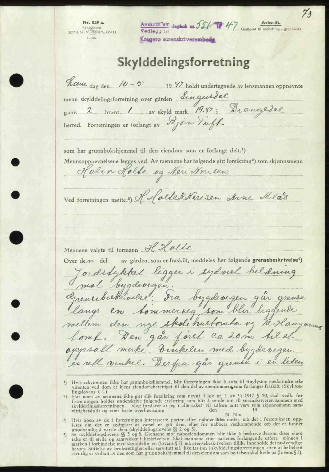 Kragerø sorenskriveri, SAKO/A-65/G/Ga/Gab/L0061: Pantebok nr. A-61, 1947-1947, Dagboknr: 551/1947
