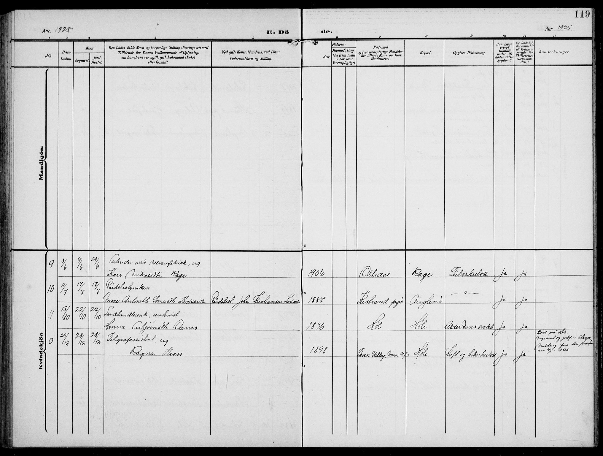 Høgsfjord sokneprestkontor, AV/SAST-A-101624/H/Ha/Hab/L0004: Klokkerbok nr. B 4, 1906-1938, s. 119