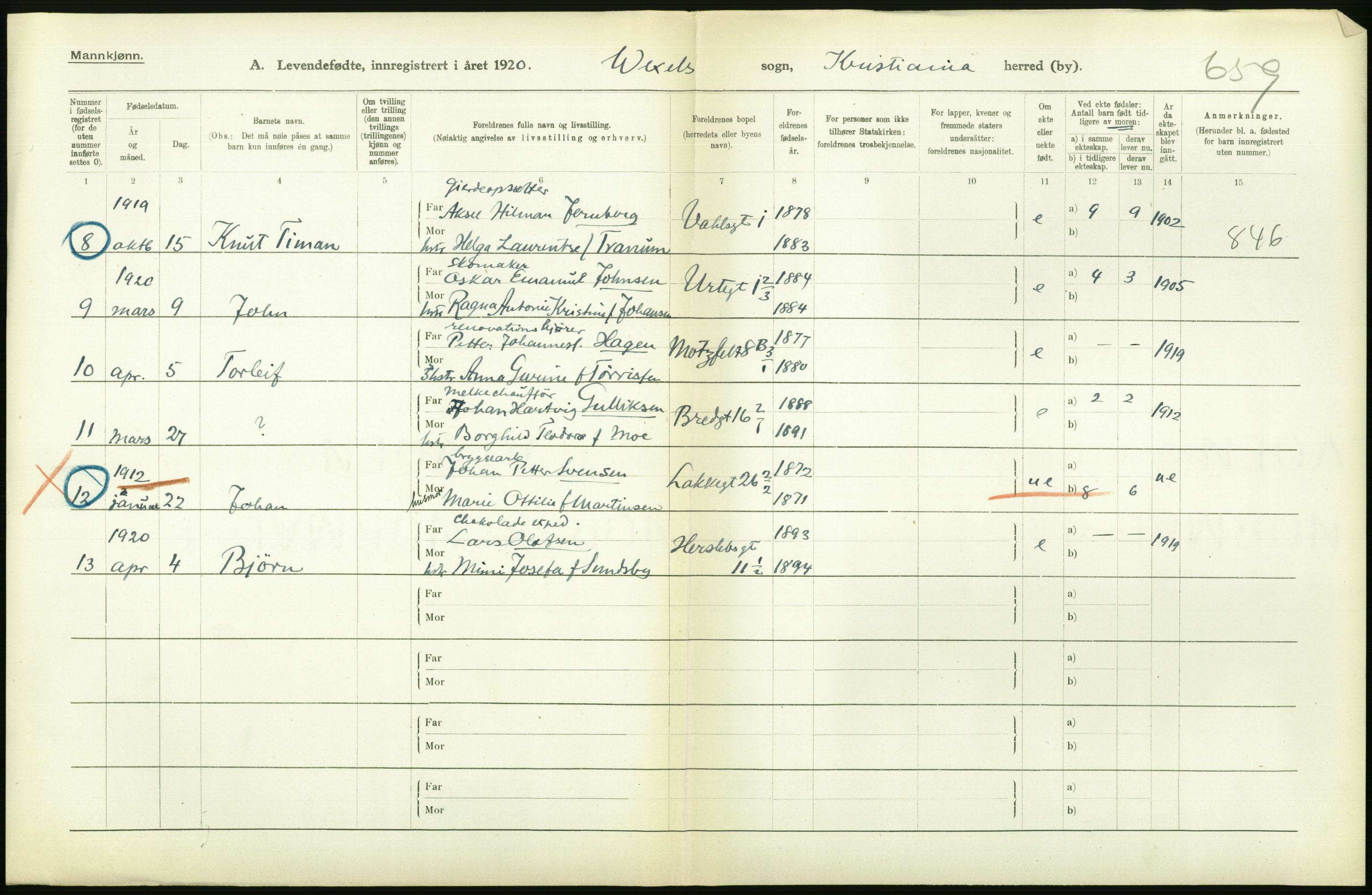 Statistisk sentralbyrå, Sosiodemografiske emner, Befolkning, AV/RA-S-2228/D/Df/Dfb/Dfbj/L0008: Kristiania: Levendefødte menn og kvinner., 1920, s. 288