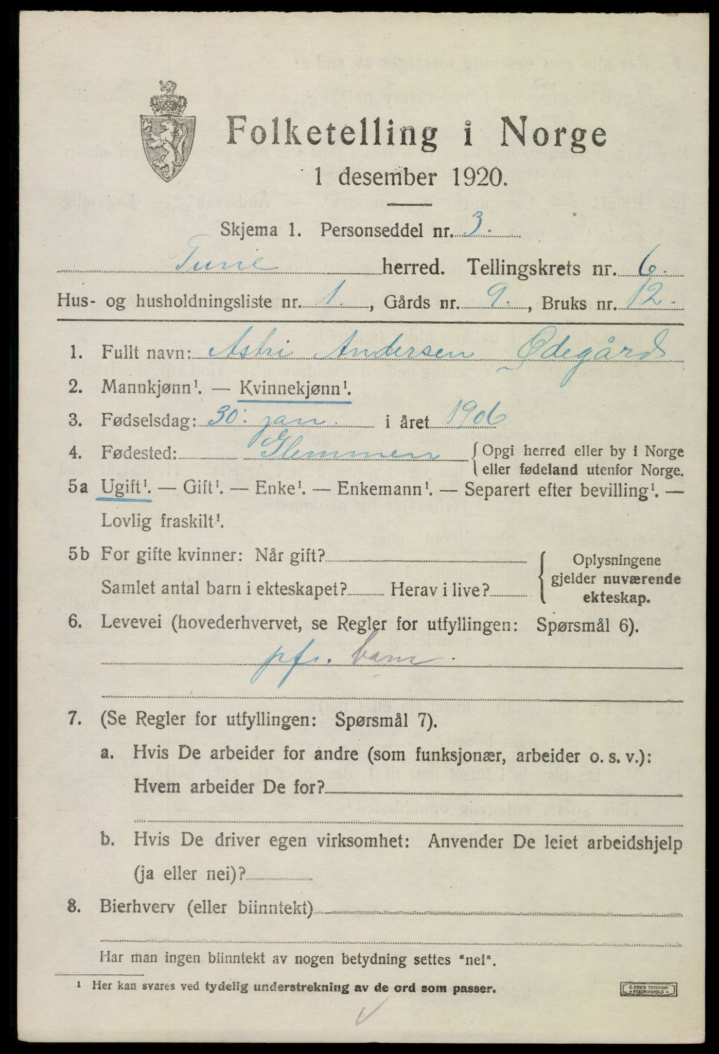 SAO, Folketelling 1920 for 0130 Tune herred, 1920, s. 5676