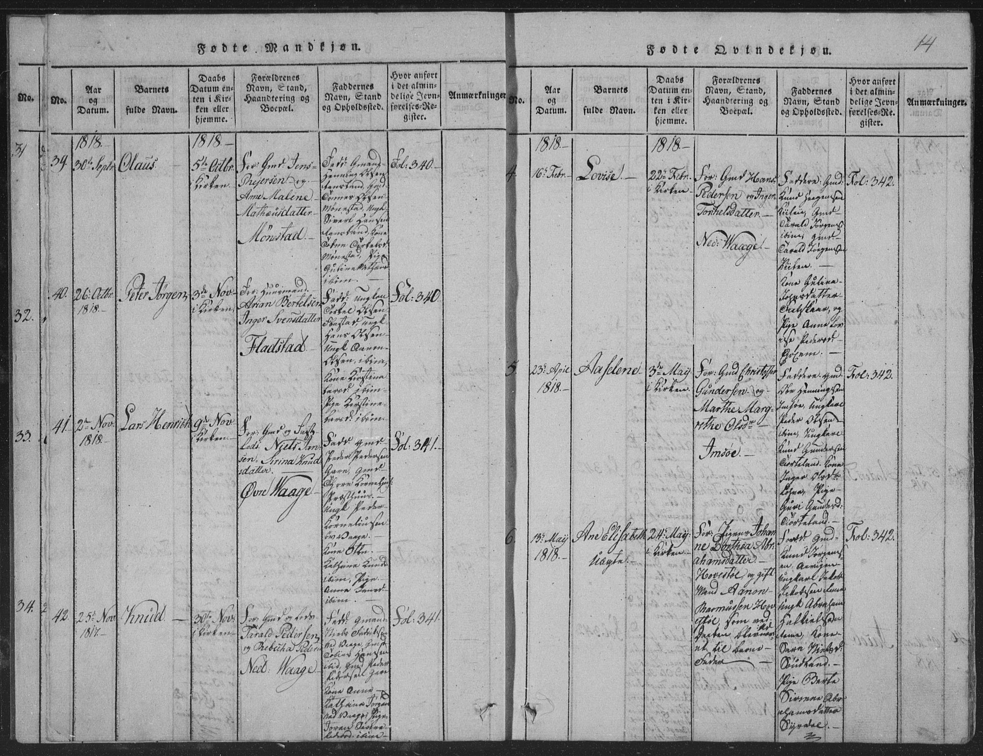 Sør-Audnedal sokneprestkontor, AV/SAK-1111-0039/F/Fb/Fba/L0001: Klokkerbok nr. B 1, 1815-1850, s. 14