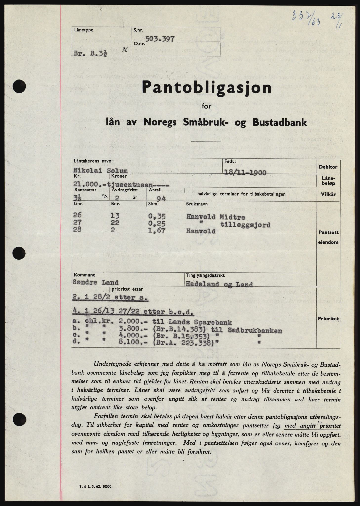Hadeland og Land tingrett, SAH/TING-010/H/Hb/Hbc/L0050: Pantebok nr. B50, 1962-1963, Dagboknr: 337/1963