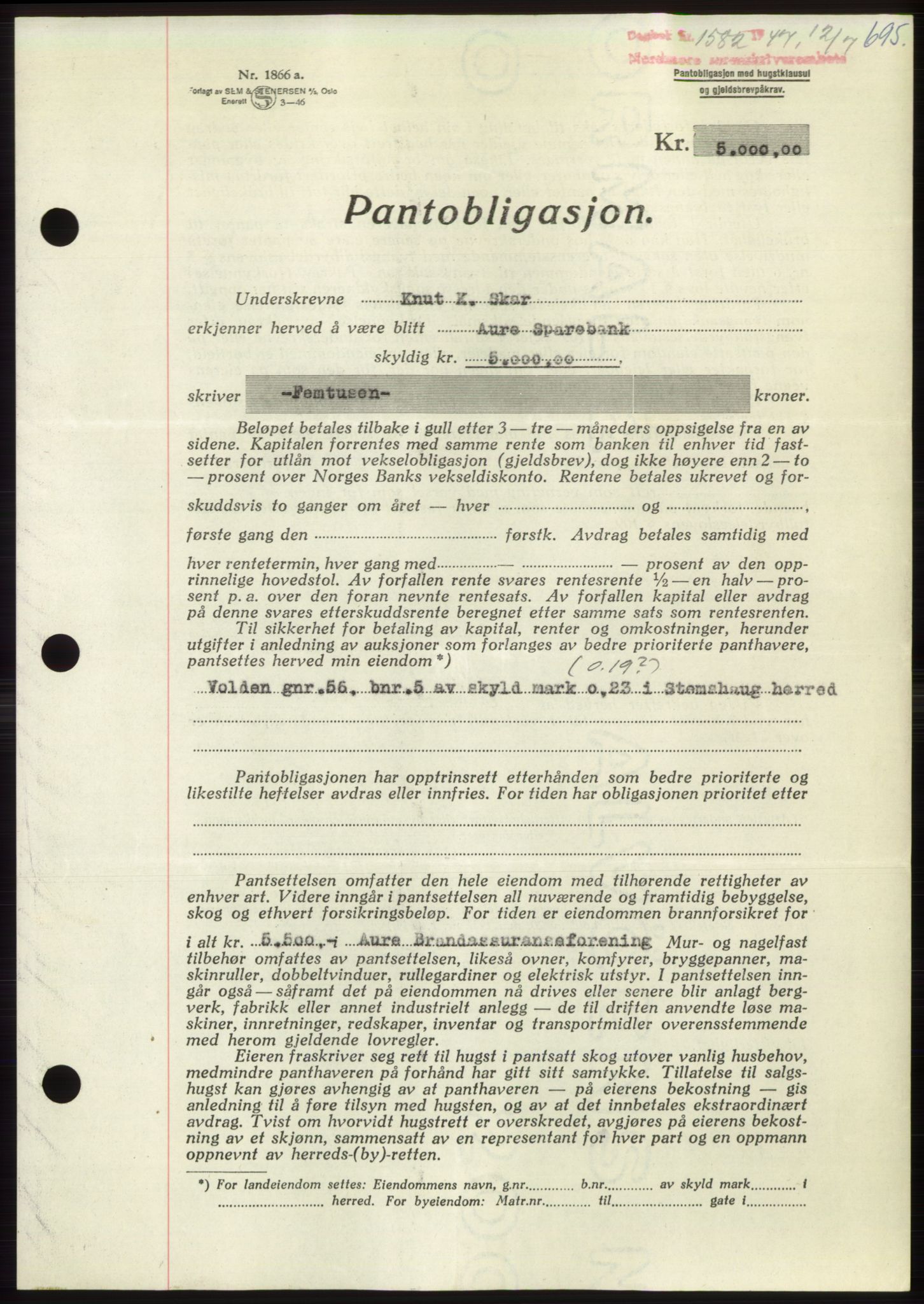 Nordmøre sorenskriveri, AV/SAT-A-4132/1/2/2Ca: Pantebok nr. B96, 1947-1947, Dagboknr: 1582/1947