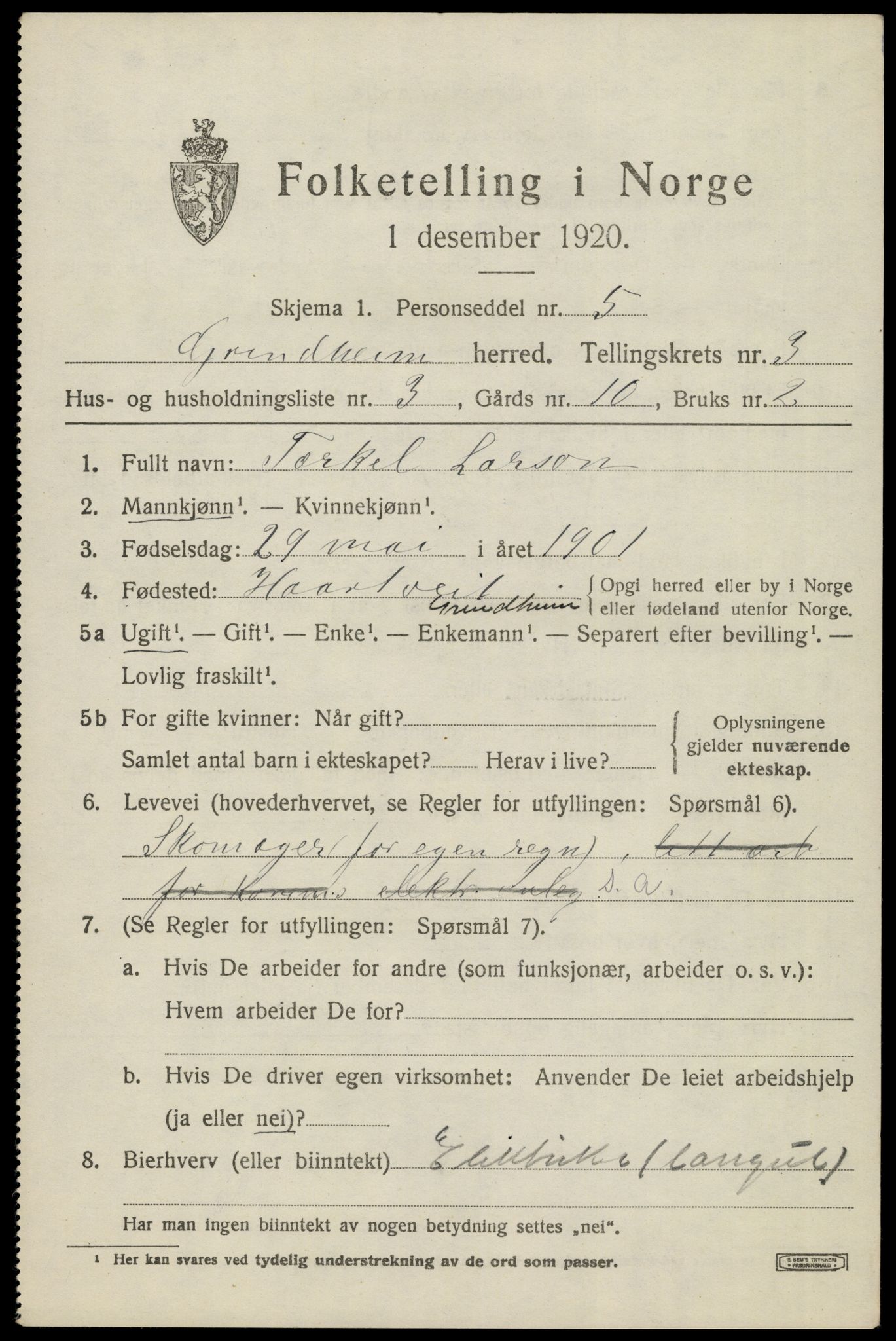 SAK, Folketelling 1920 for 1025 Grindheim herred, 1920, s. 919