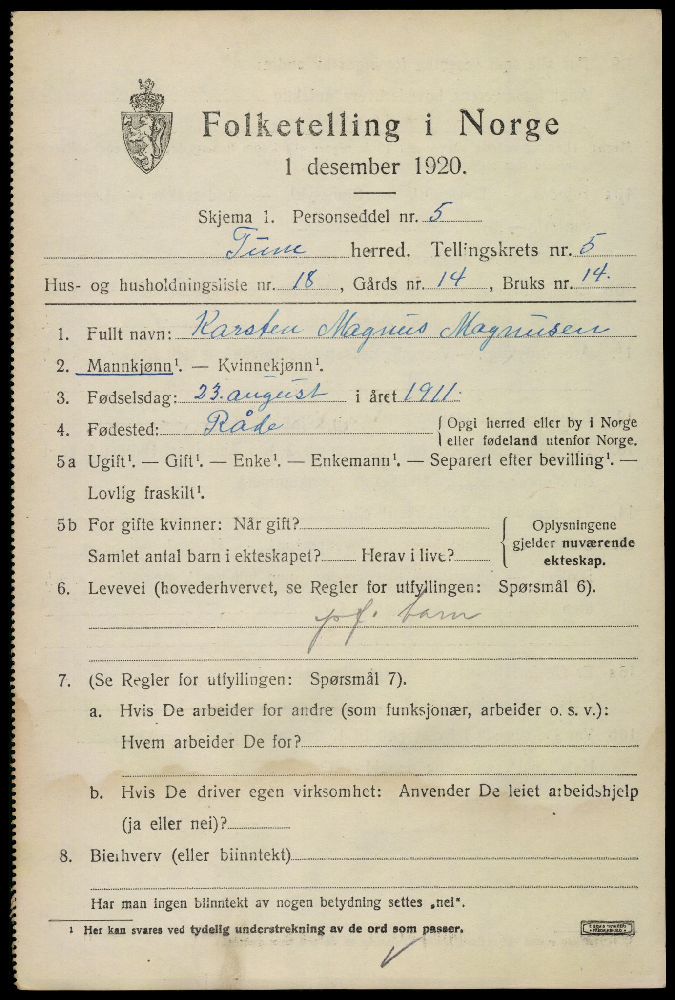 SAO, Folketelling 1920 for 0130 Tune herred, 1920, s. 5626