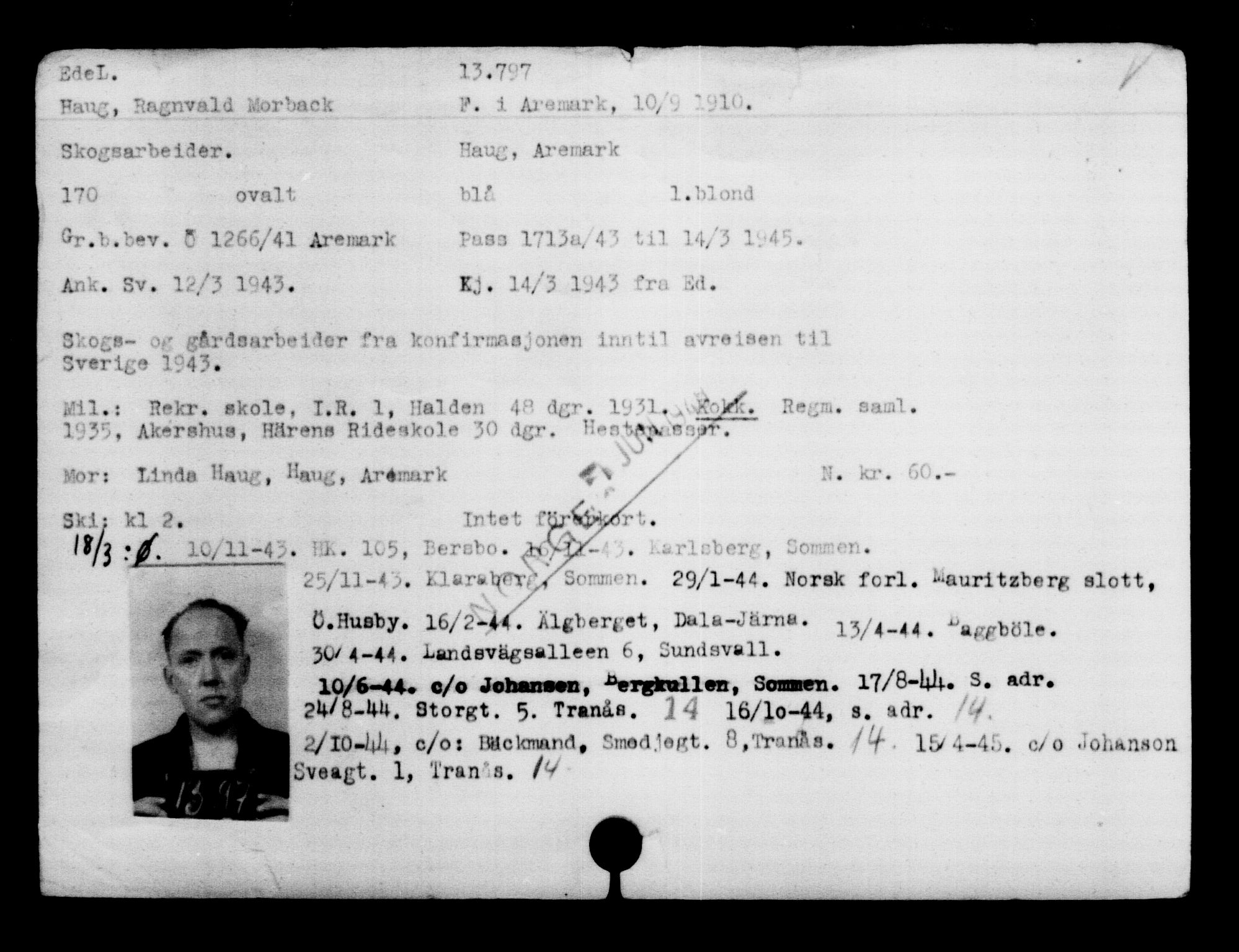 Den Kgl. Norske Legasjons Flyktningskontor, AV/RA-S-6753/V/Va/L0007: Kjesäterkartoteket.  Flyktningenr. 12700-15723, 1940-1945, s. 1251
