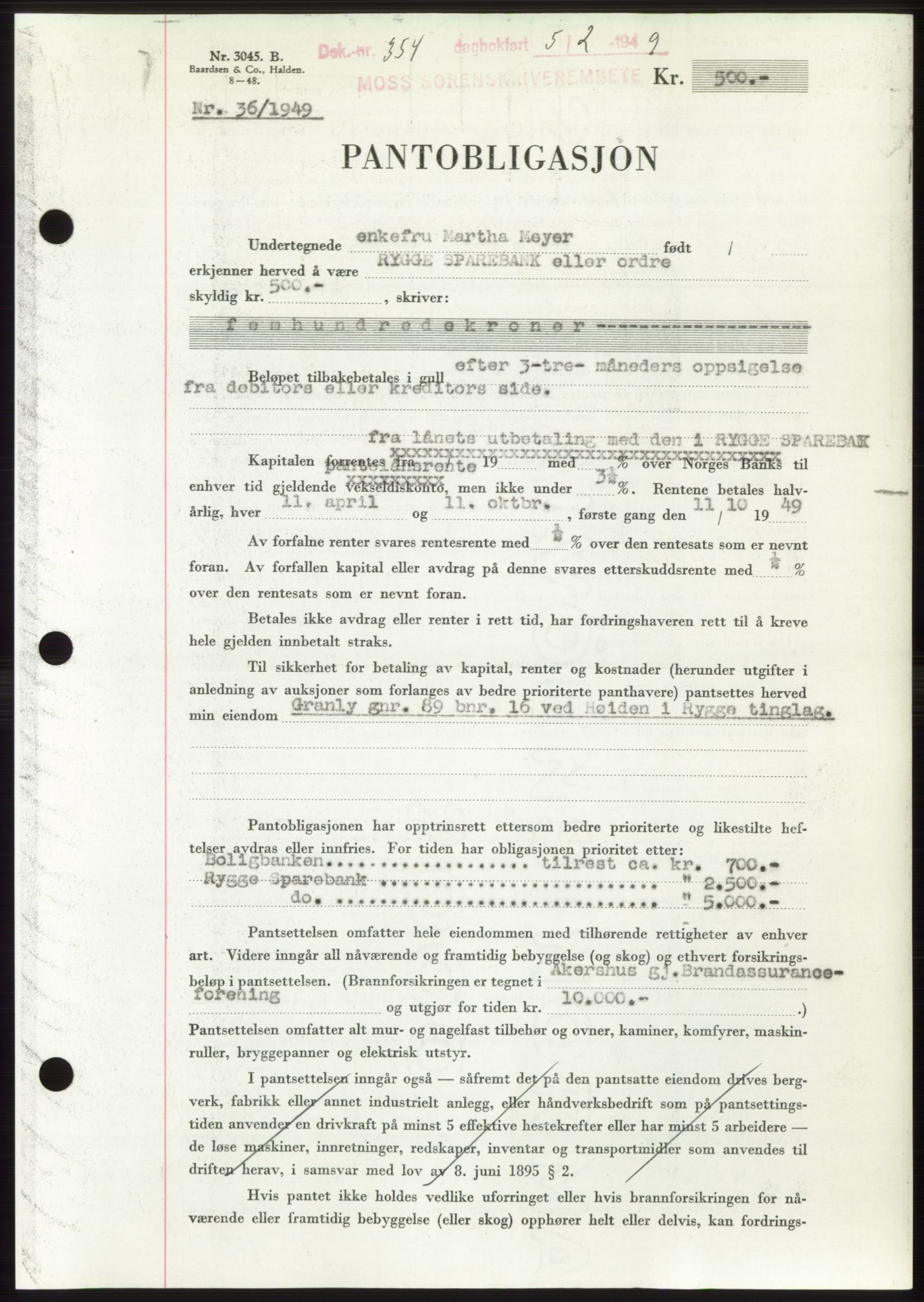 Moss sorenskriveri, SAO/A-10168: Pantebok nr. B21, 1949-1949, Dagboknr: 354/1949