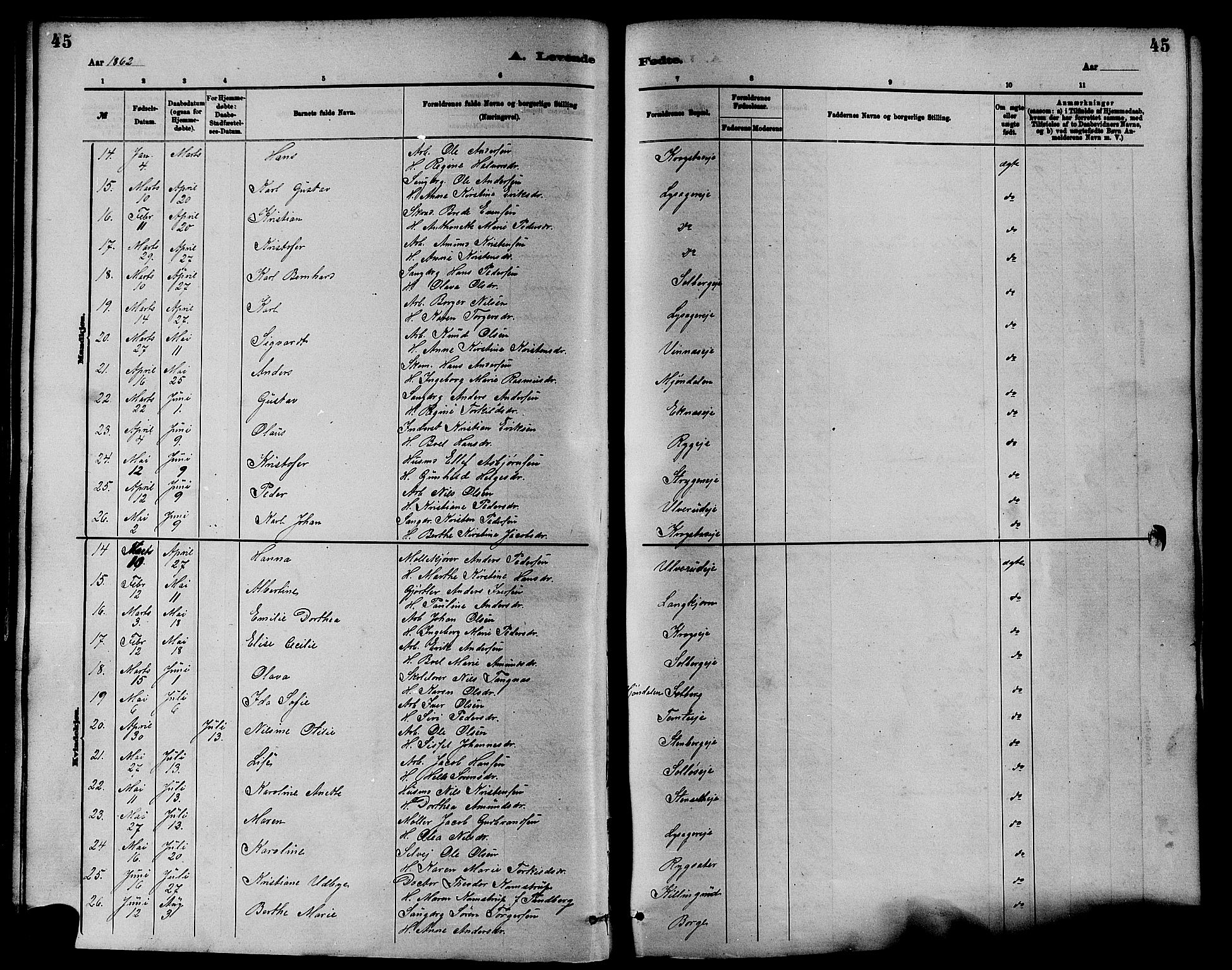 Nedre Eiker kirkebøker, AV/SAKO-A-612/F/Fa/L0001: Ministerialbok nr. 1, 1853-1877, s. 45