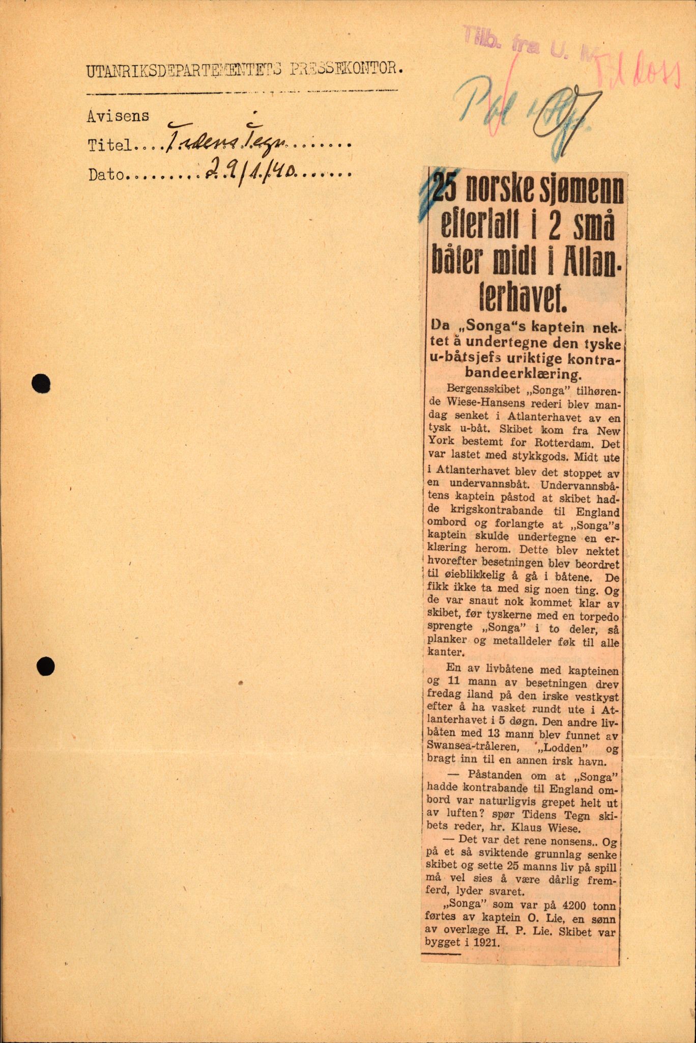 Utenriksdepartementet, AV/RA-S-2259, 1940