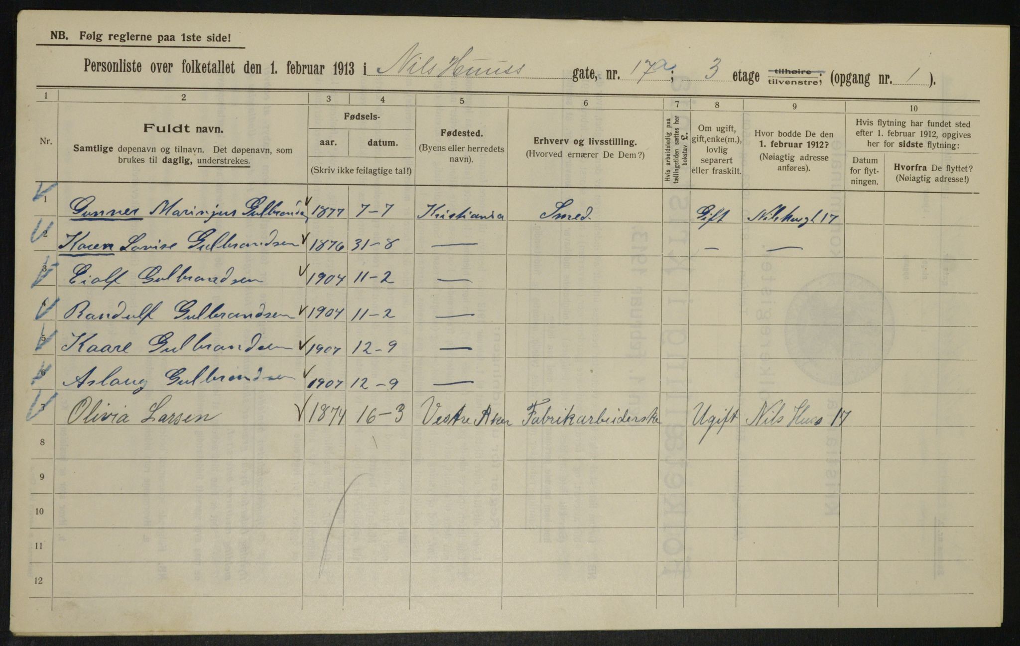 OBA, Kommunal folketelling 1.2.1913 for Kristiania, 1913, s. 71013