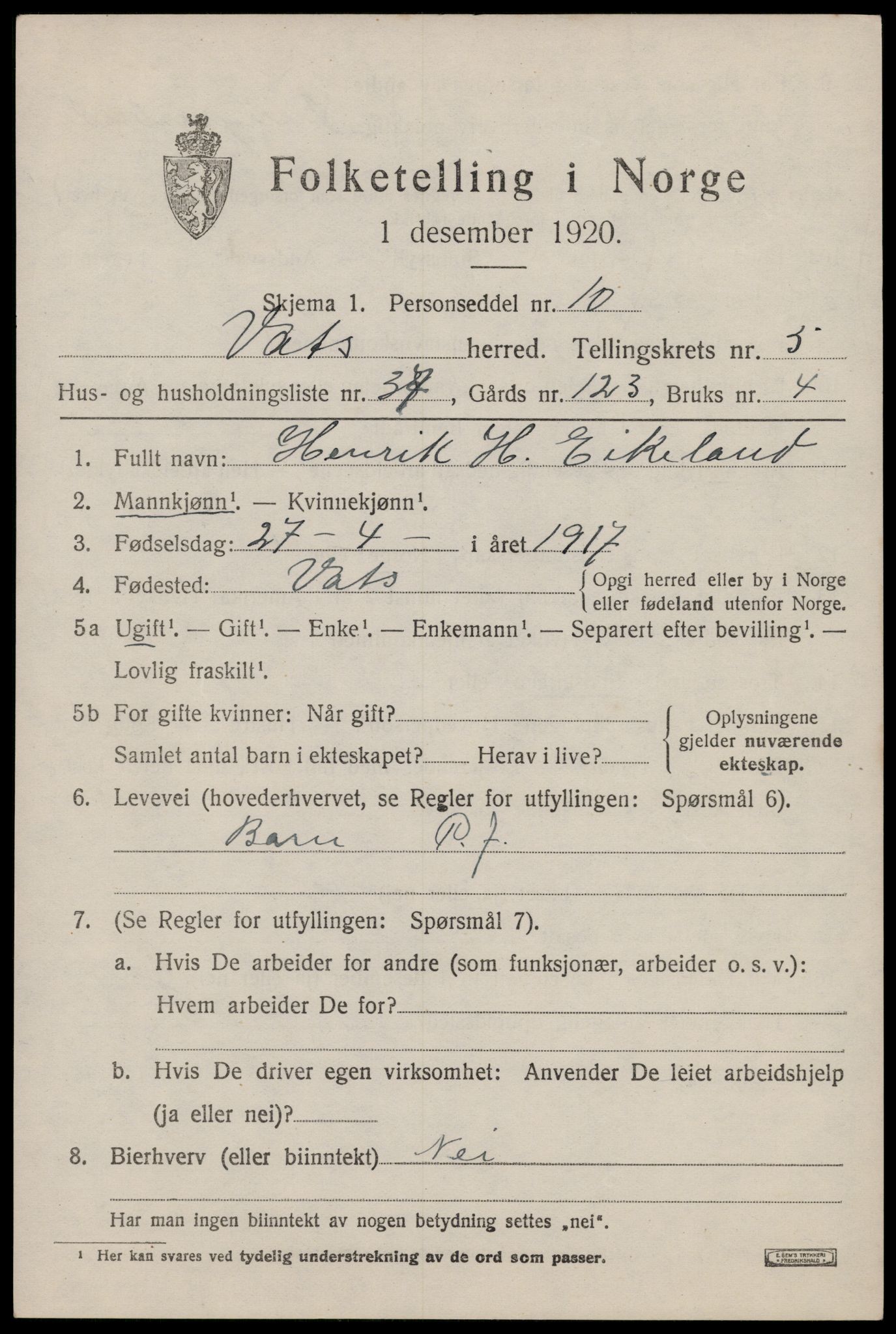 SAST, Folketelling 1920 for 1155 Vats herred, 1920, s. 2337