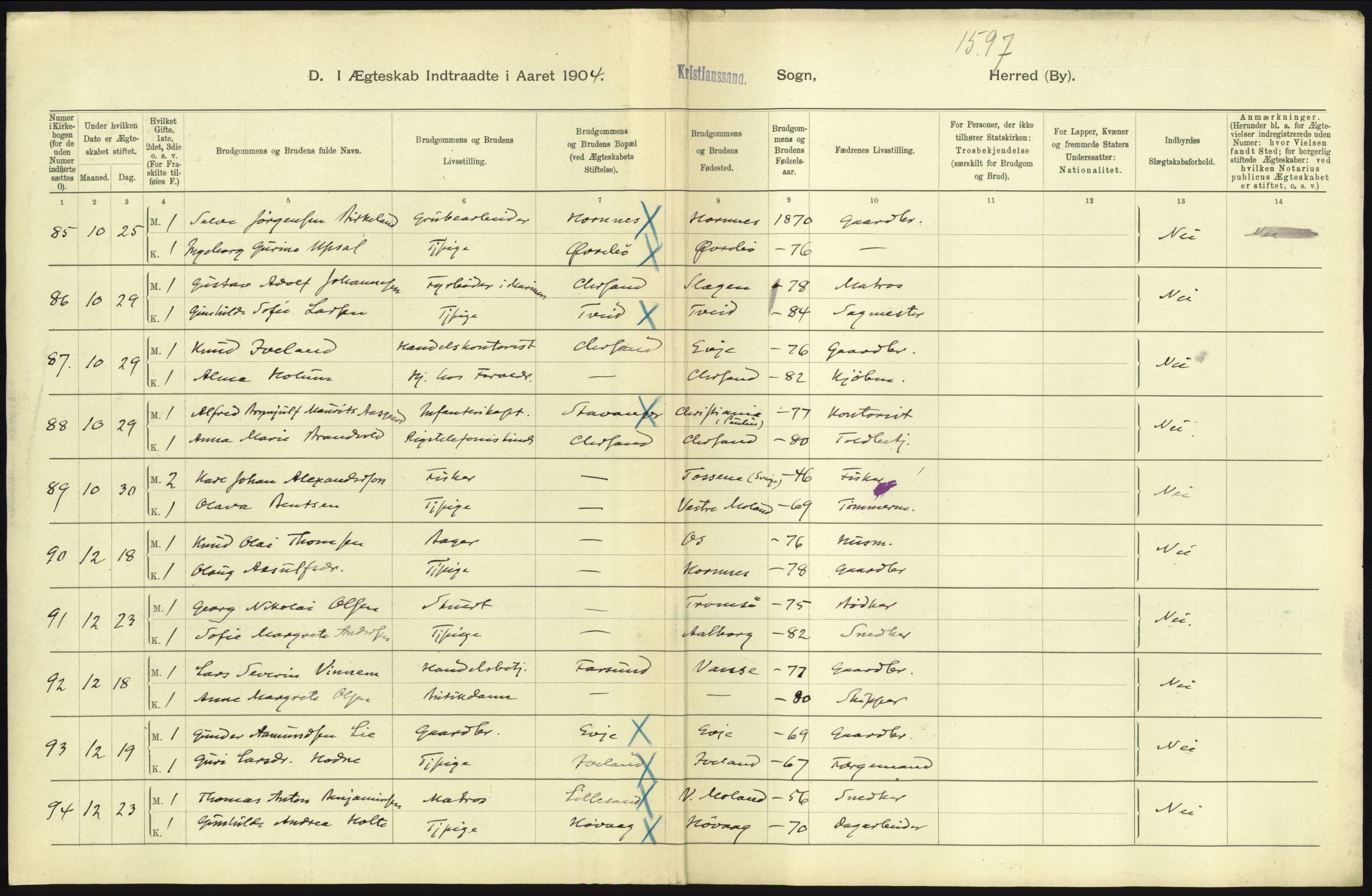 Statistisk sentralbyrå, Sosiodemografiske emner, Befolkning, AV/RA-S-2228/D/Df/Dfa/Dfab/L0011: Lister og Mandals amt: Fødte, gifte, døde, 1904, s. 571