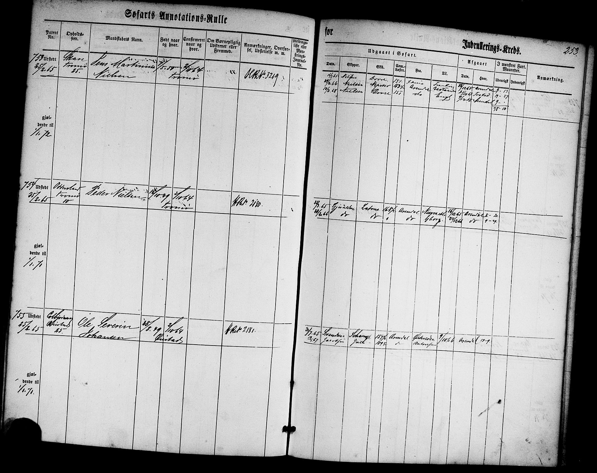 Arendal mønstringskrets, AV/SAK-2031-0012/F/Fa/L0001: Annotasjonsrulle nr 1-794 med register, E-1, 1860-1865, s. 287