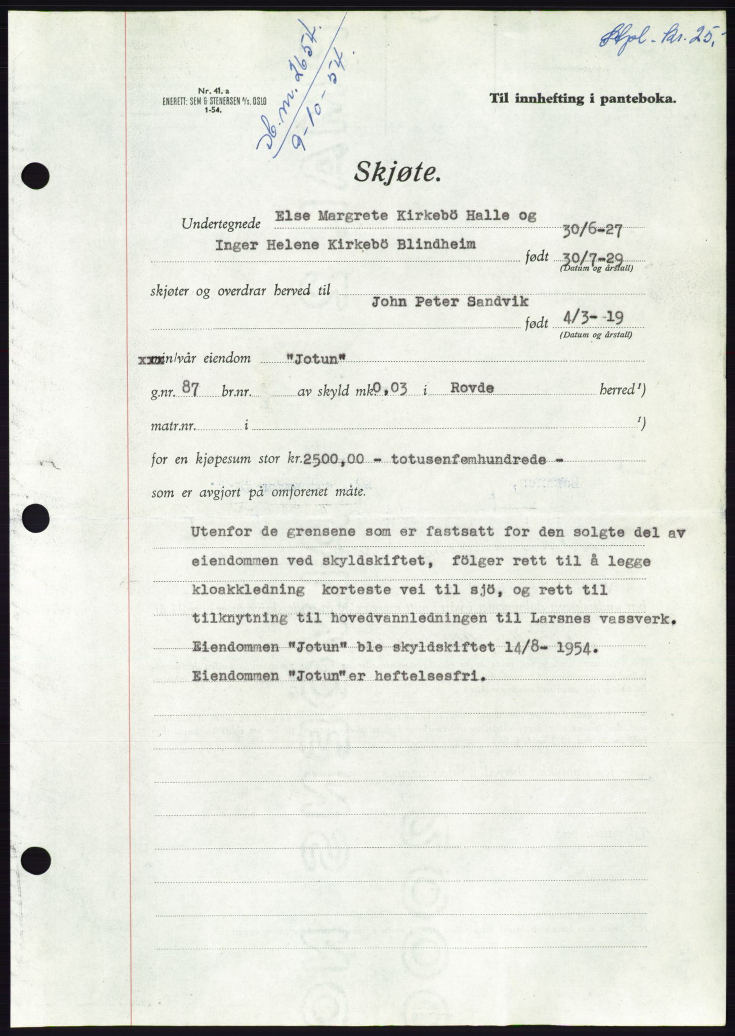 Søre Sunnmøre sorenskriveri, AV/SAT-A-4122/1/2/2C/L0099: Pantebok nr. 25A, 1954-1954, Dagboknr: 2654/1954