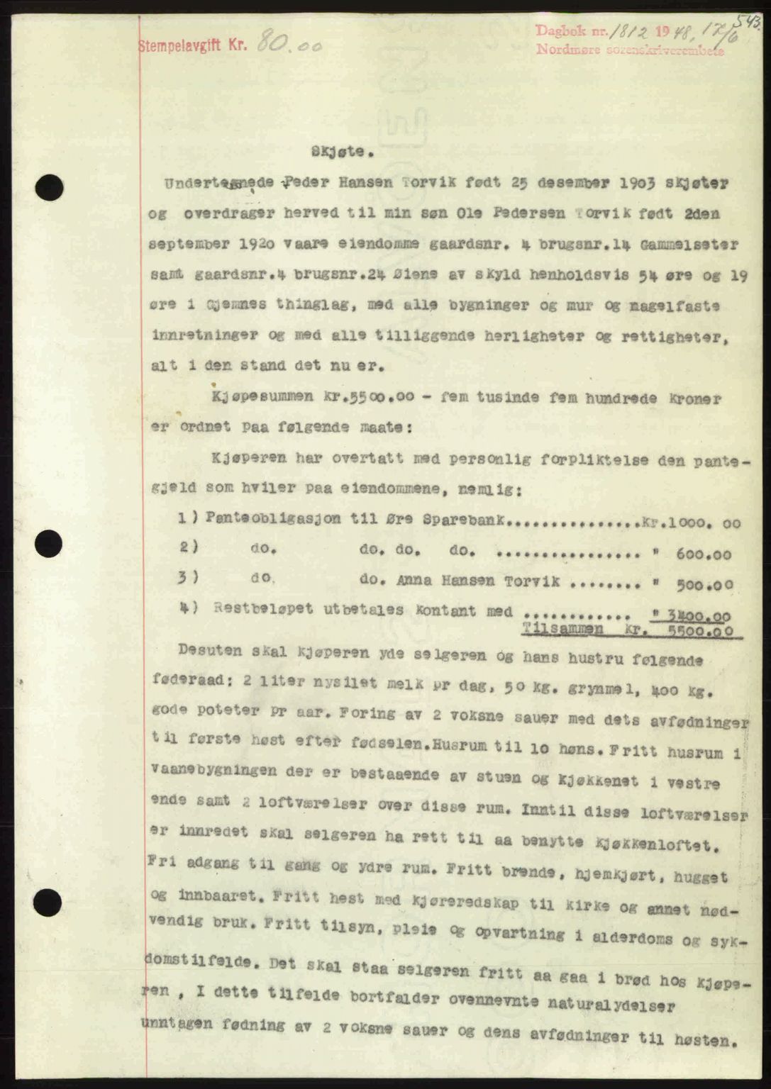Nordmøre sorenskriveri, SAT/A-4132/1/2/2Ca: Pantebok nr. A108, 1948-1948, Dagboknr: 1812/1948