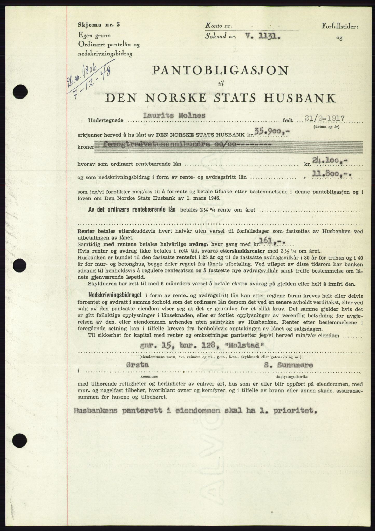 Søre Sunnmøre sorenskriveri, SAT/A-4122/1/2/2C/L0116: Pantebok nr. 4B, 1948-1949, Dagboknr: 1806/1948