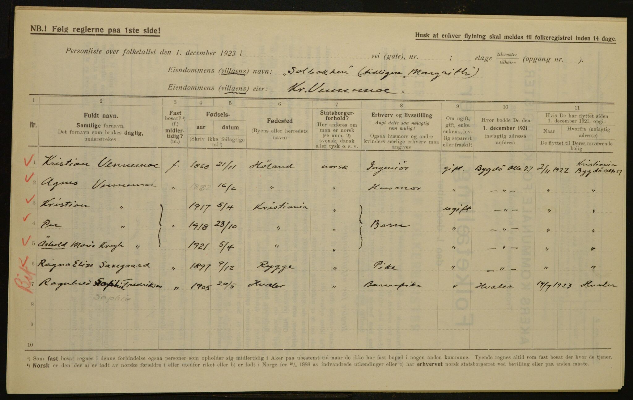 , Kommunal folketelling 1.12.1923 for Aker, 1923, s. 1907