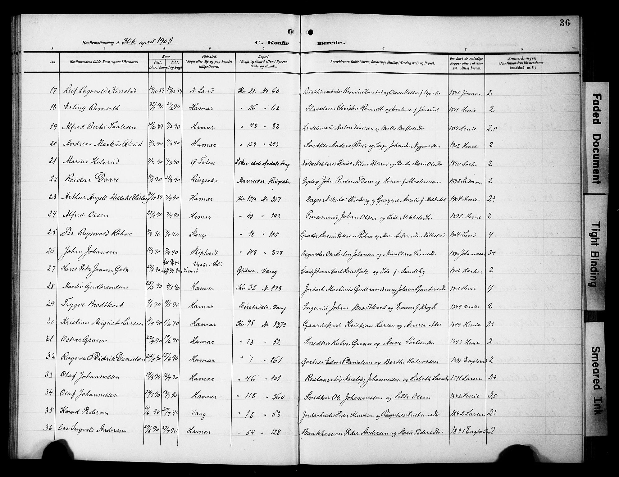 Hamar prestekontor, AV/SAH-DOMPH-002/H/Ha/Hab/L0002: Klokkerbok nr. 2, 1899-1929, s. 36