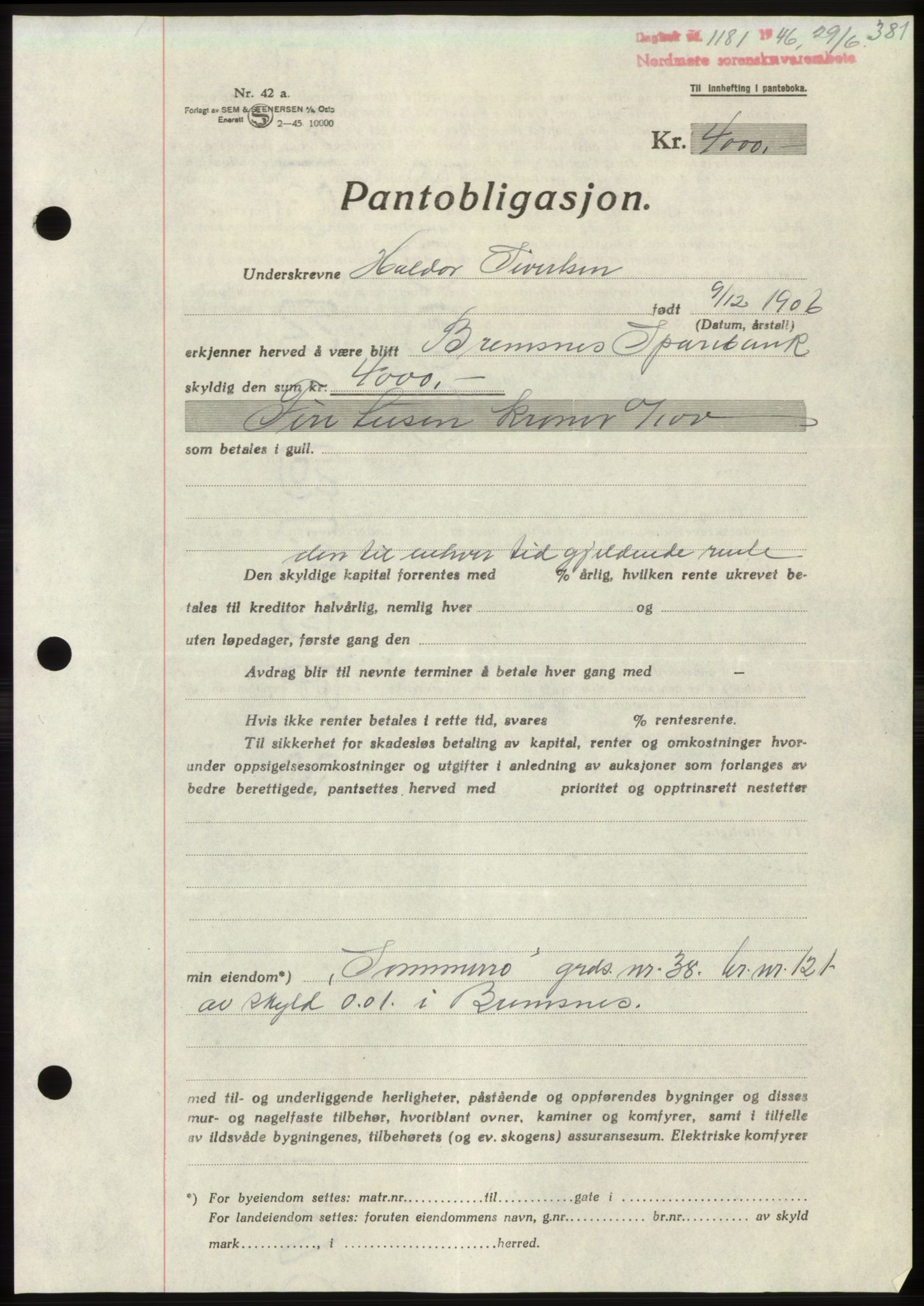 Nordmøre sorenskriveri, SAT/A-4132/1/2/2Ca: Pantebok nr. B94, 1946-1946, Dagboknr: 1181/1946