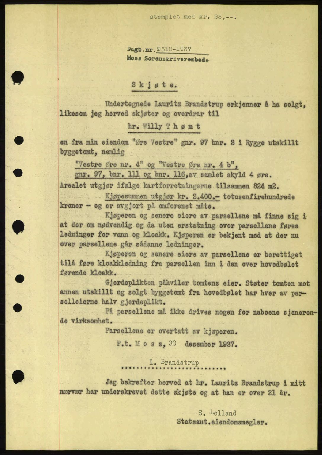 Moss sorenskriveri, SAO/A-10168: Pantebok nr. A3, 1937-1938, Dagboknr: 2318/1937