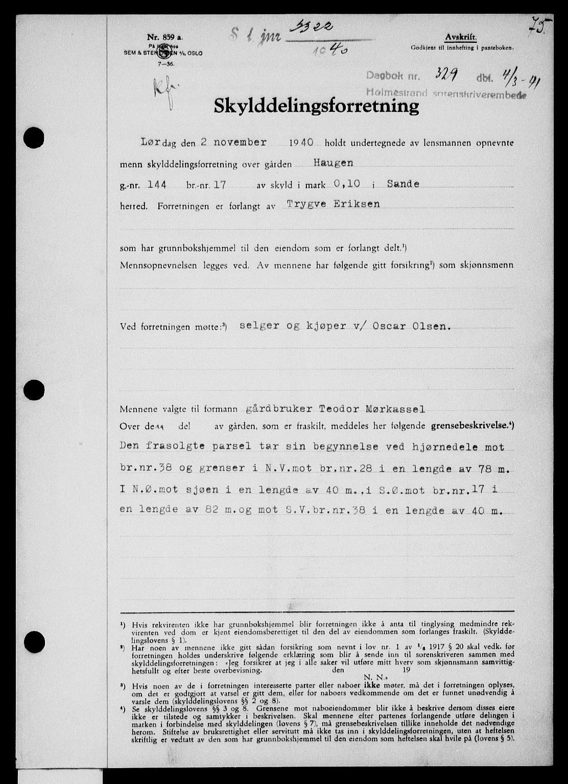 Holmestrand sorenskriveri, SAKO/A-67/G/Ga/Gaa/L0053: Pantebok nr. A-53, 1941-1941, Dagboknr: 329/1941