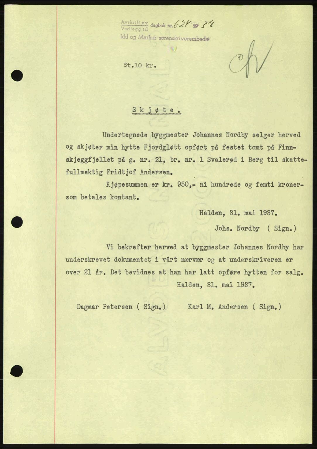 Idd og Marker sorenskriveri, AV/SAO-A-10283/G/Gb/Gbb/L0002: Pantebok nr. A2, 1937-1938, Dagboknr: 624/1937