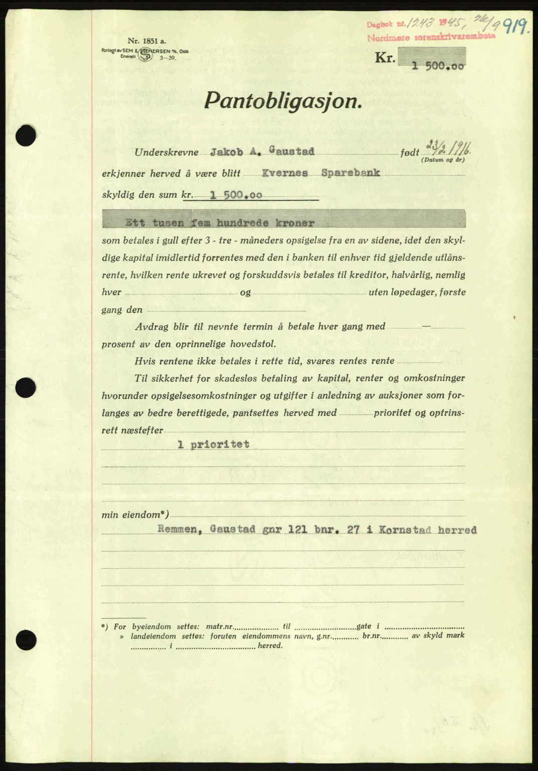 Nordmøre sorenskriveri, AV/SAT-A-4132/1/2/2Ca: Pantebok nr. B92, 1944-1945, Dagboknr: 1243/1945