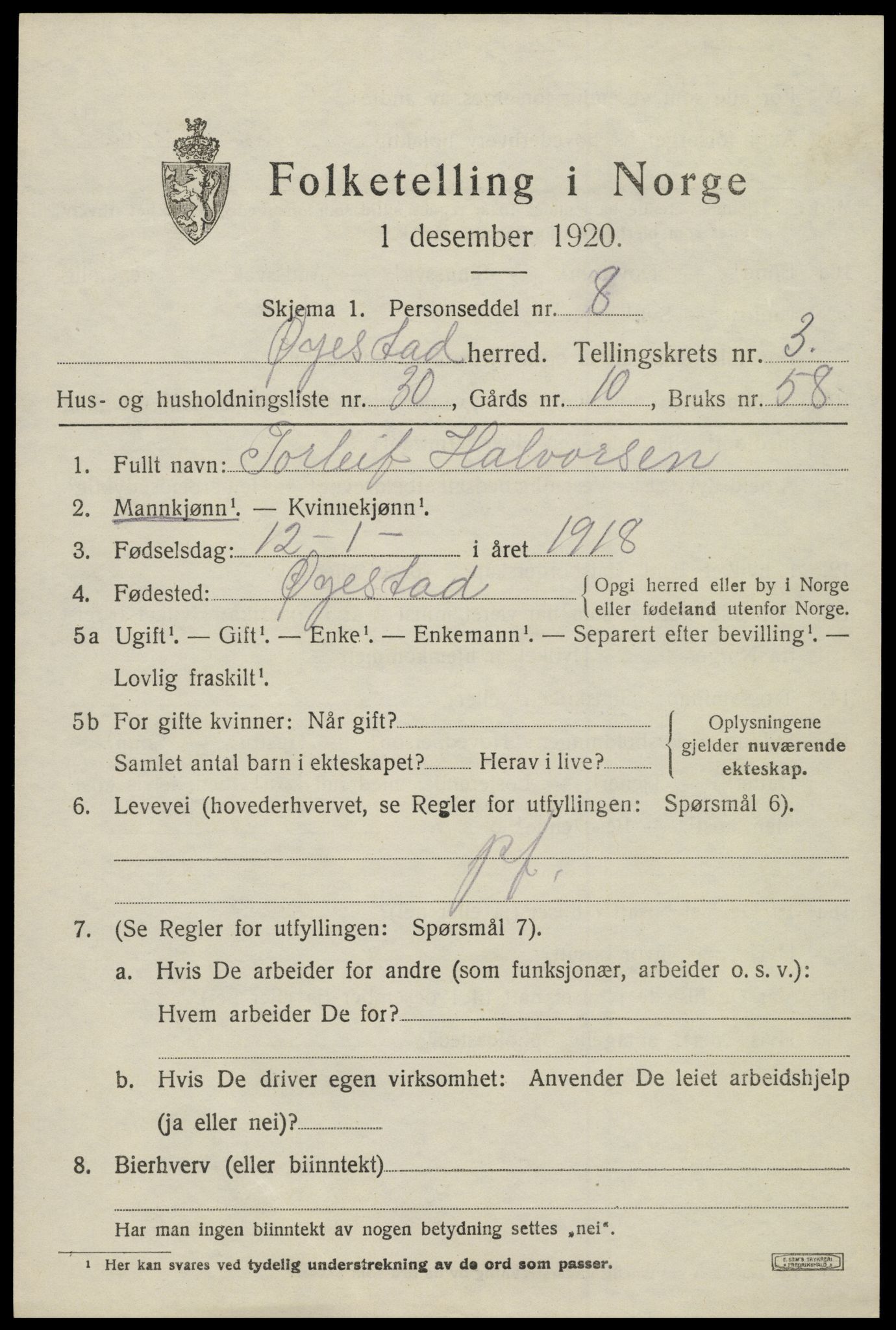 SAK, Folketelling 1920 for 0920 Øyestad herred, 1920, s. 2998