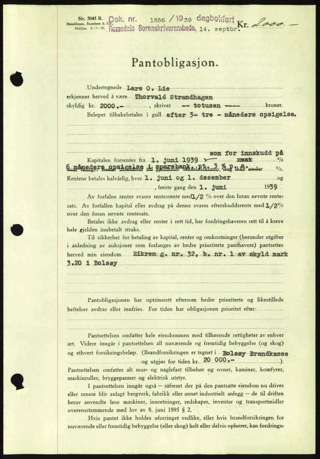 Romsdal sorenskriveri, SAT/A-4149/1/2/2C: Pantebok nr. B2, 1939-1945, Dagboknr: 1856/1939