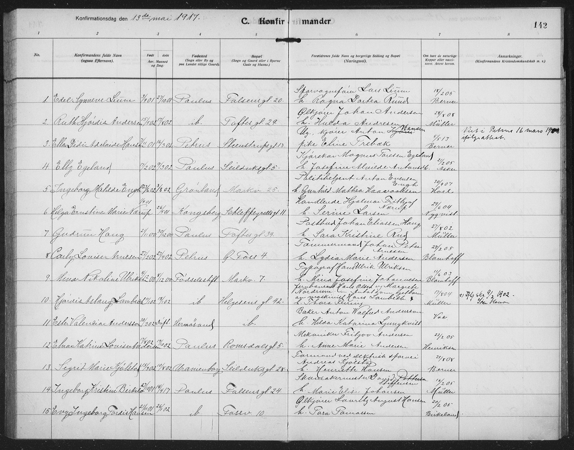 Paulus prestekontor Kirkebøker, AV/SAO-A-10871/F/Fa/L0022: Ministerialbok nr. 22, 1912-1920, s. 142