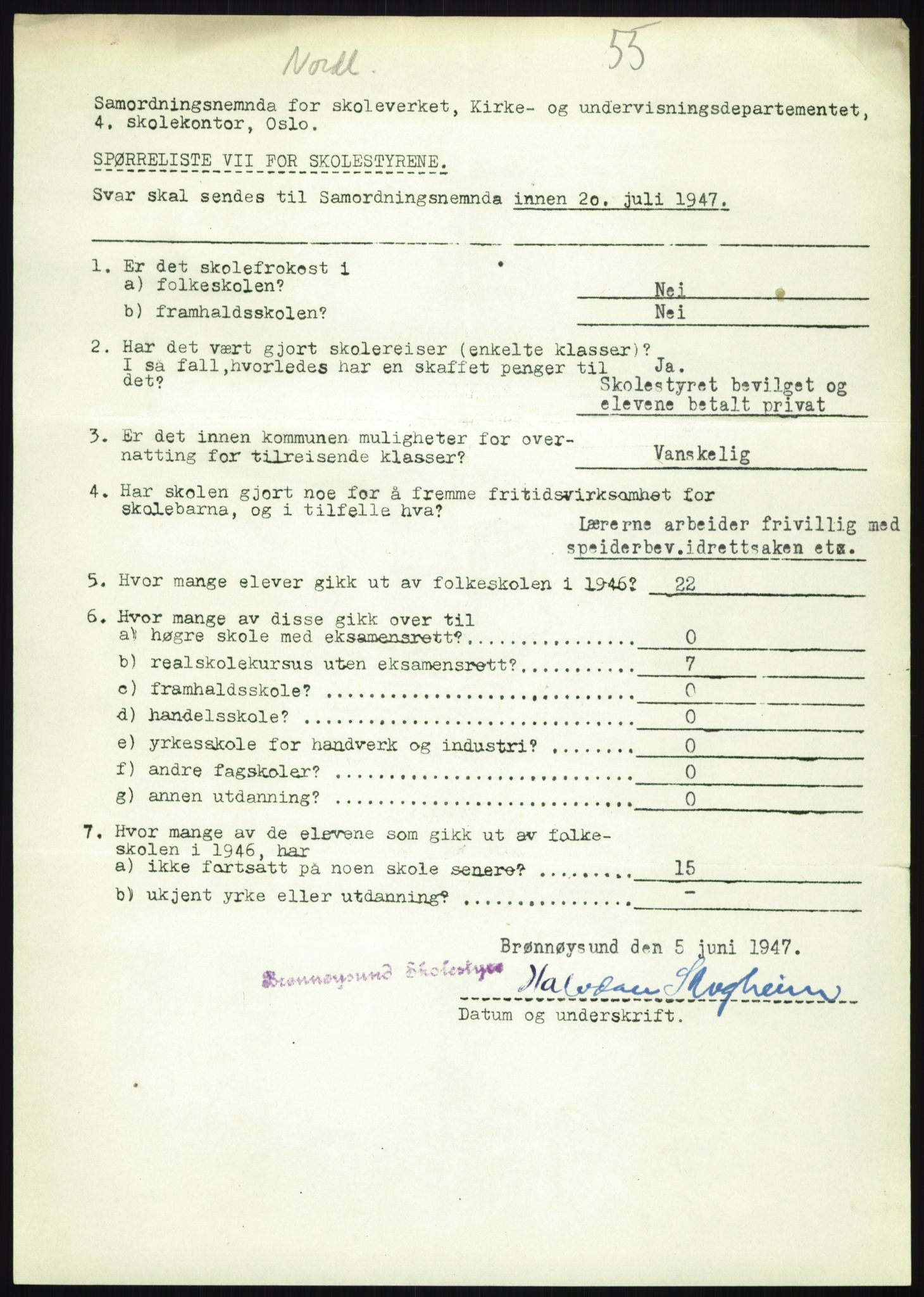 Kirke- og undervisningsdepartementet, Samordningsnemnda for skoleverket, AV/RA-S-1146/D/L0008: Svar på spørreskjema fra kommuner i Nord-Trøndelag, Nordland, Troms og Finnmark, 1947, s. 523