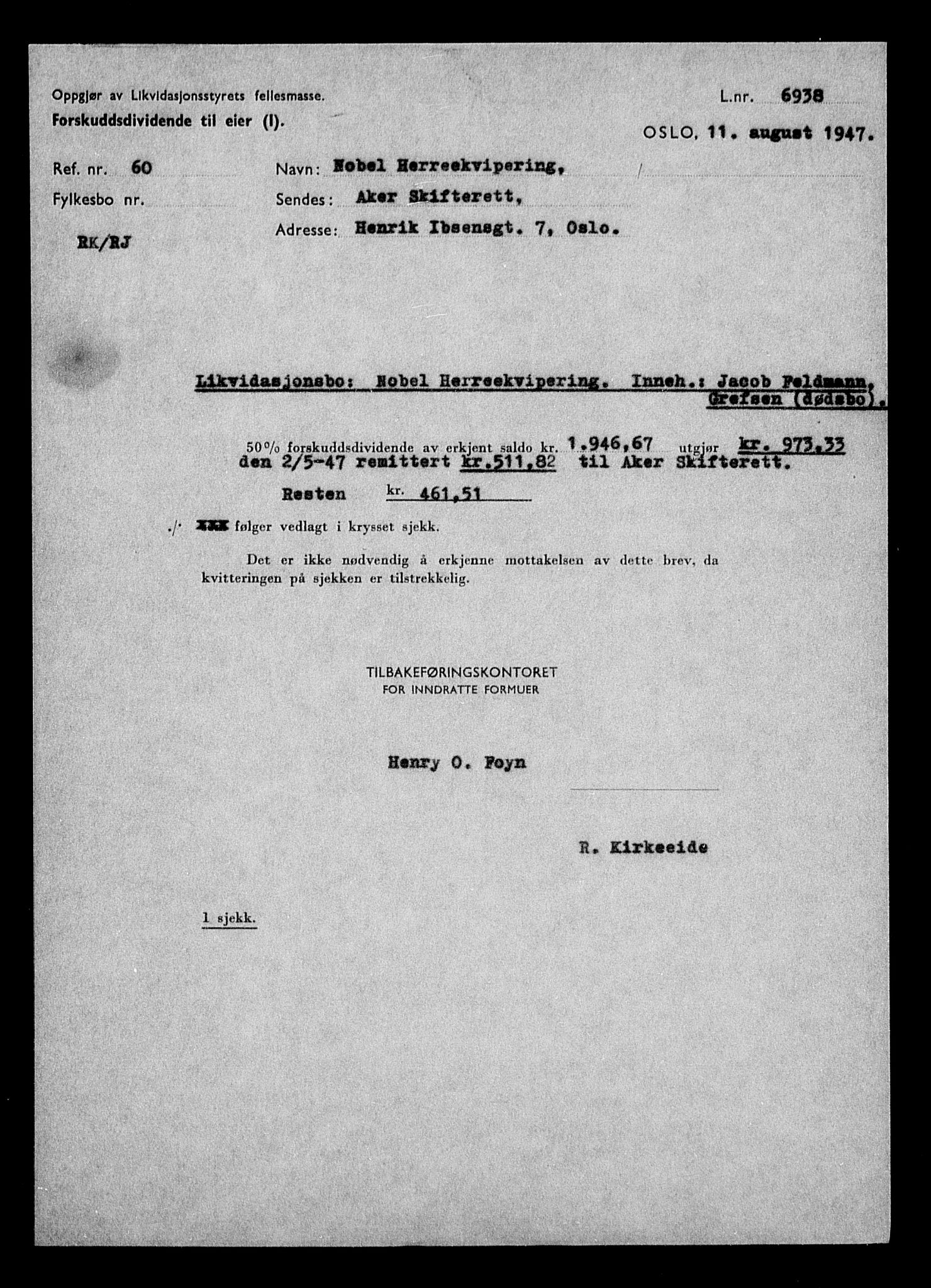 Justisdepartementet, Tilbakeføringskontoret for inndratte formuer, AV/RA-S-1564/H/Hc/Hcc/L0967: --, 1945-1947, s. 347
