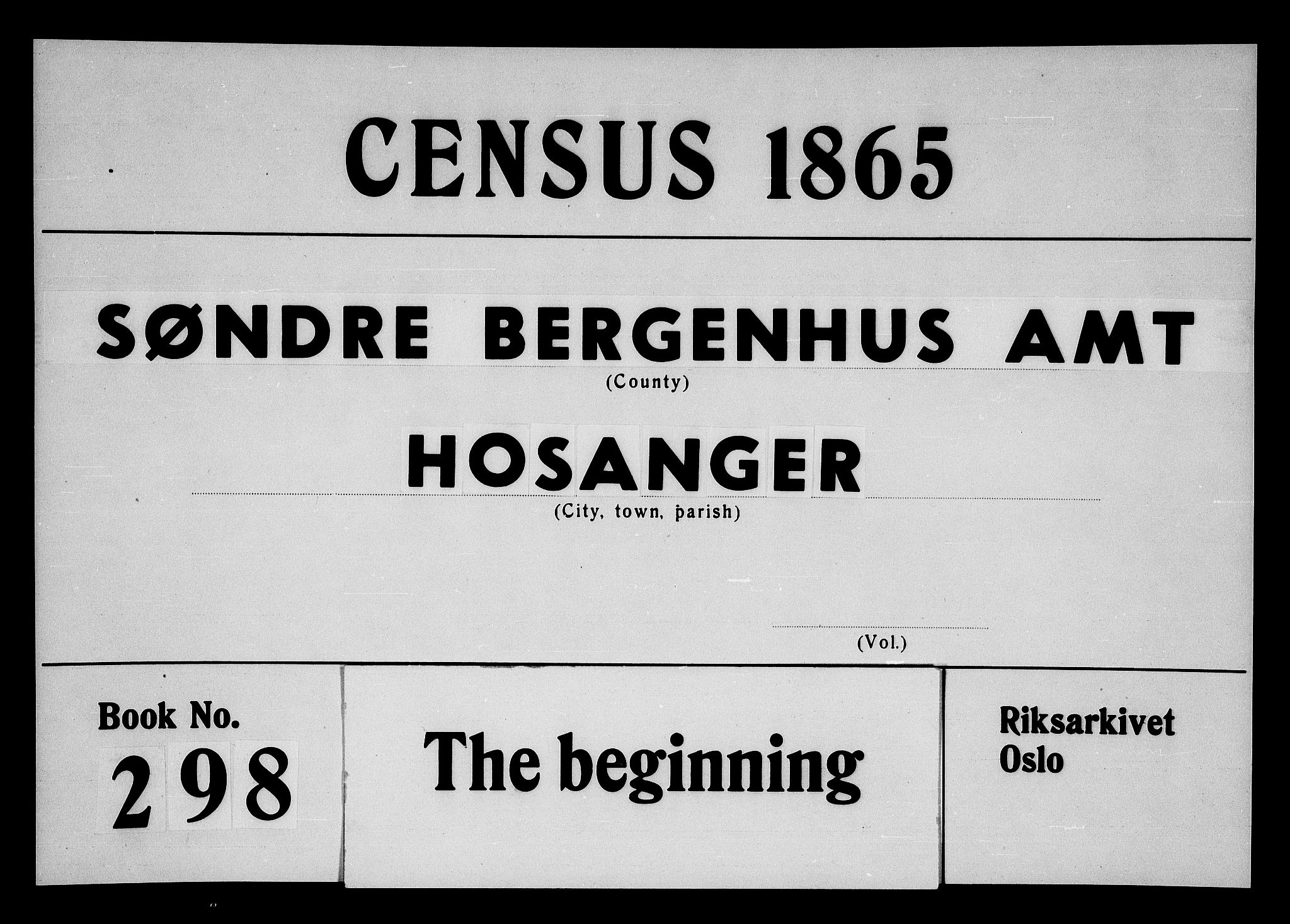 RA, Folketelling 1865 for 1253P Hosanger prestegjeld, 1865, s. 1